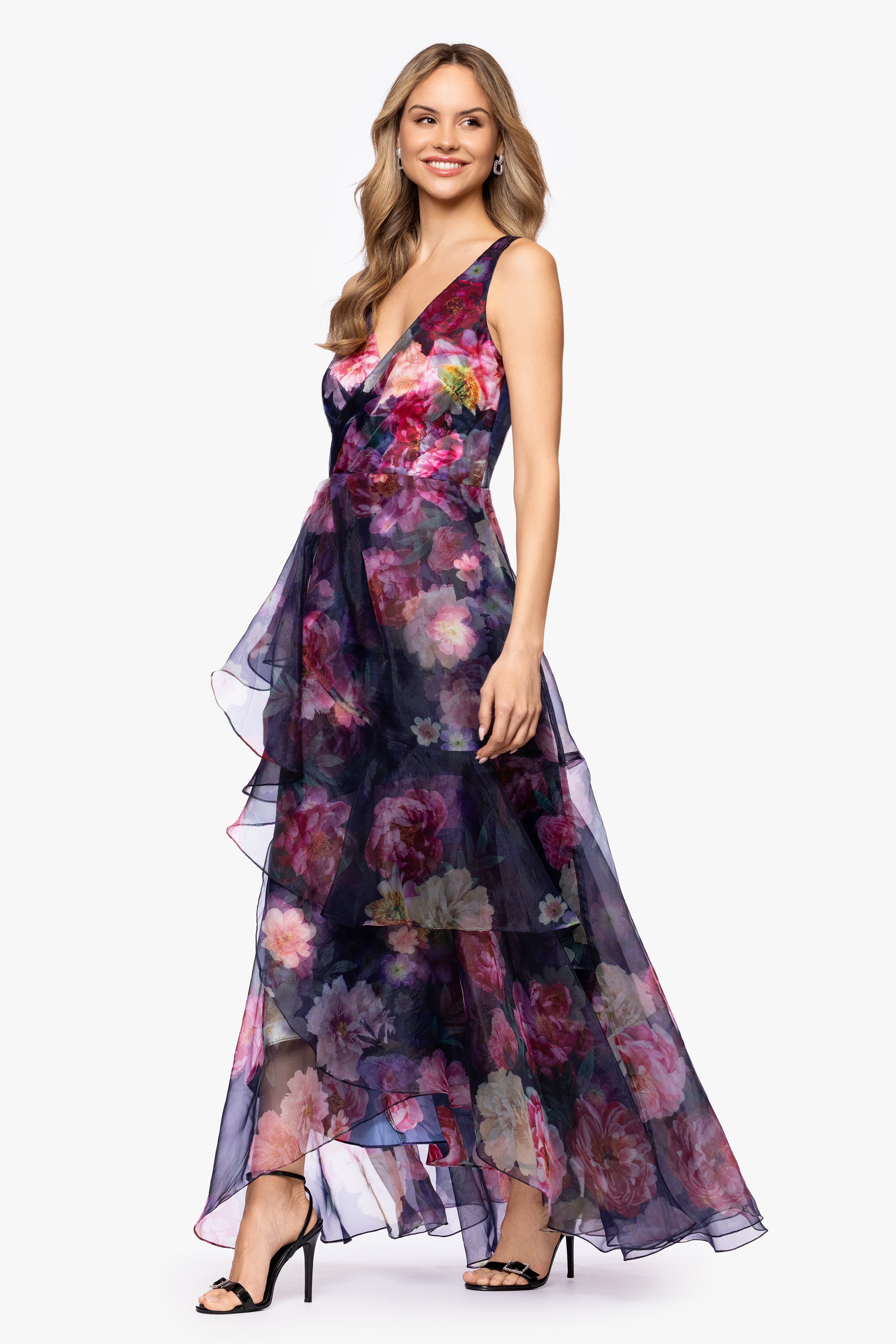 "Catalina" Printed Organza V-Neck Floor Length Dress