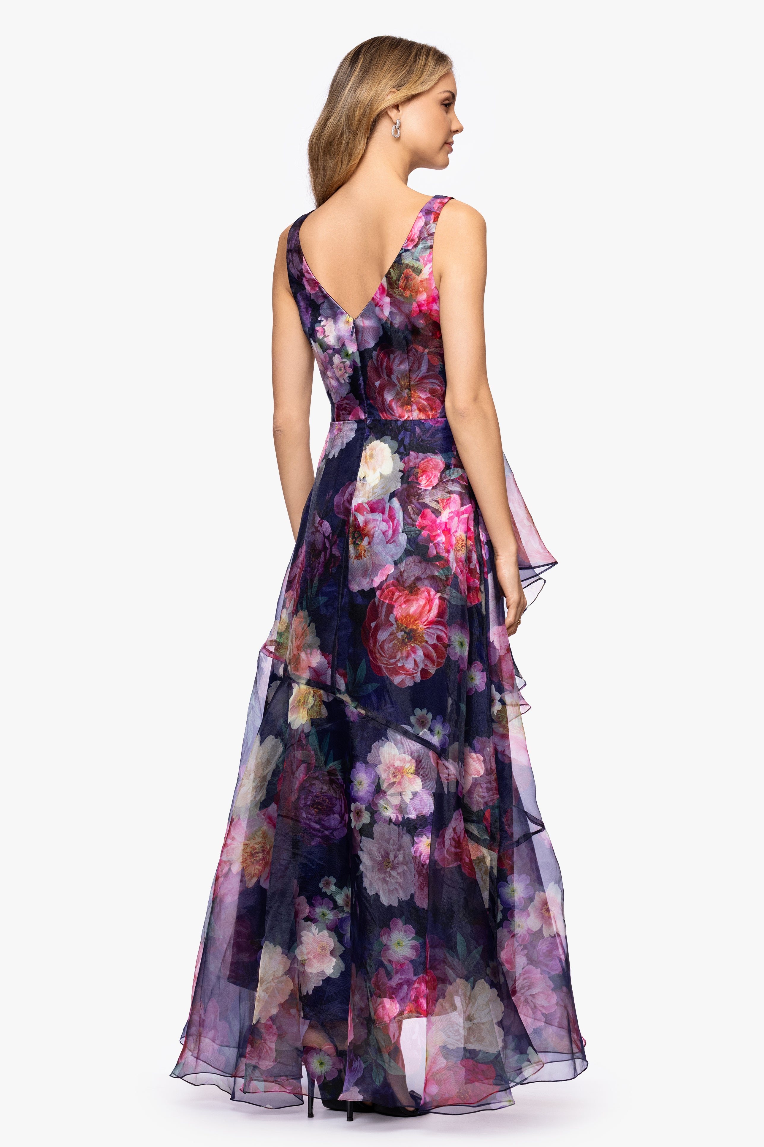 "Catalina" Printed Organza V-Neck Floor Length Dress