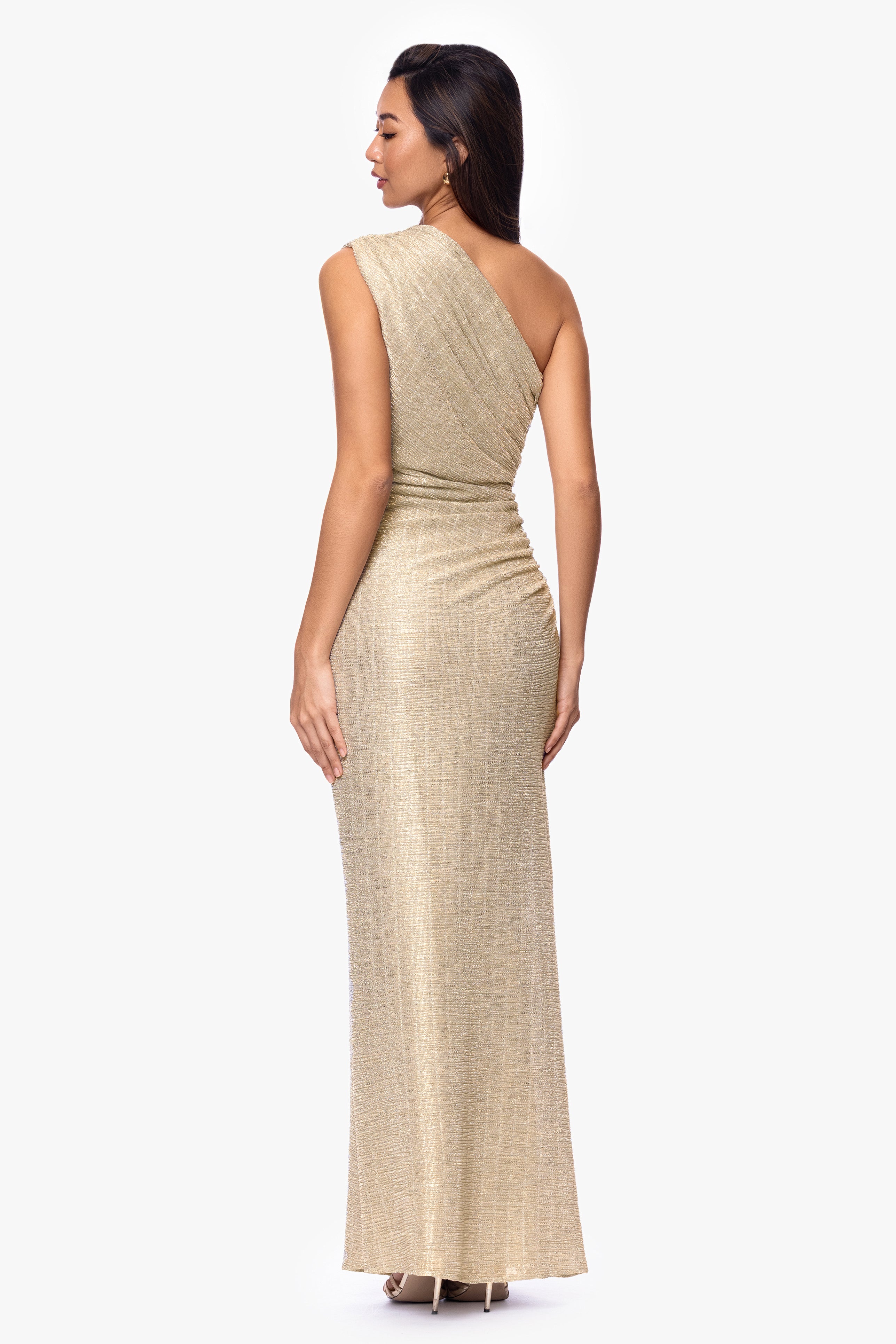 "Avril" Metallic One Shoulder Rouched Floor Length Dress