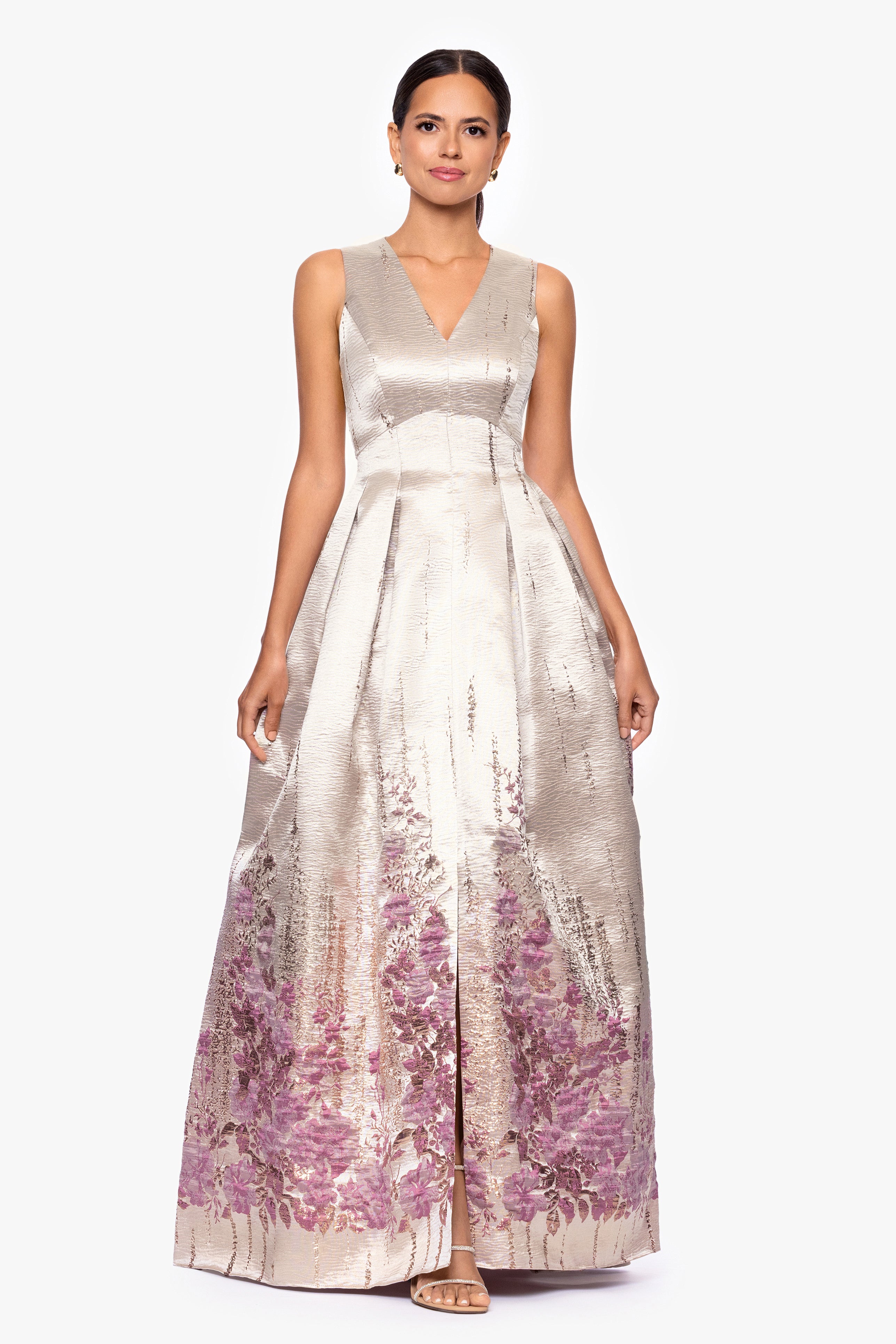 Betsy & Adam Women's Jacquard Pattern V-Neck Long Dress - Rose/Champagne