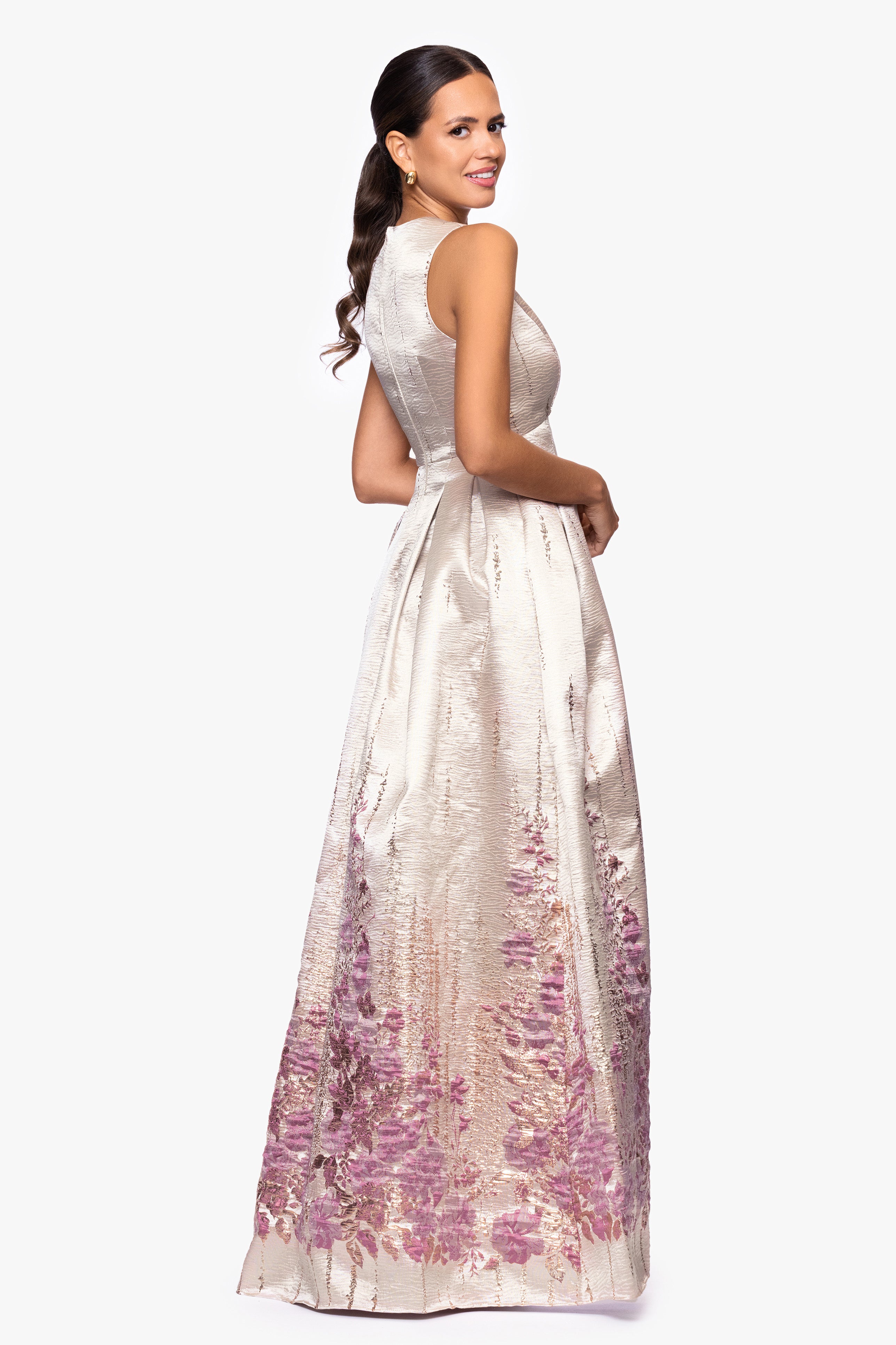 Betsy & Adam Women's Jacquard Pattern V-Neck Long Dress - Rose/Champagne
