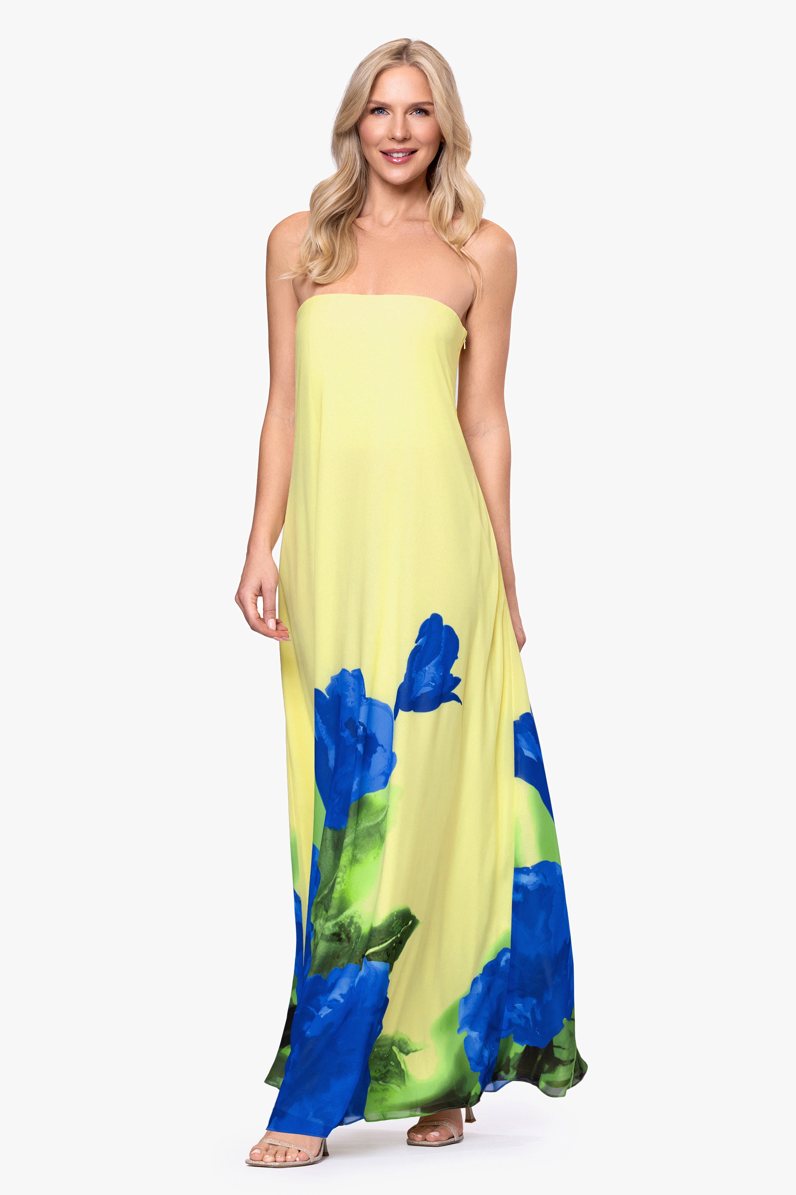 "Carmen" Souffle Floral Chiffon Strapless Dress