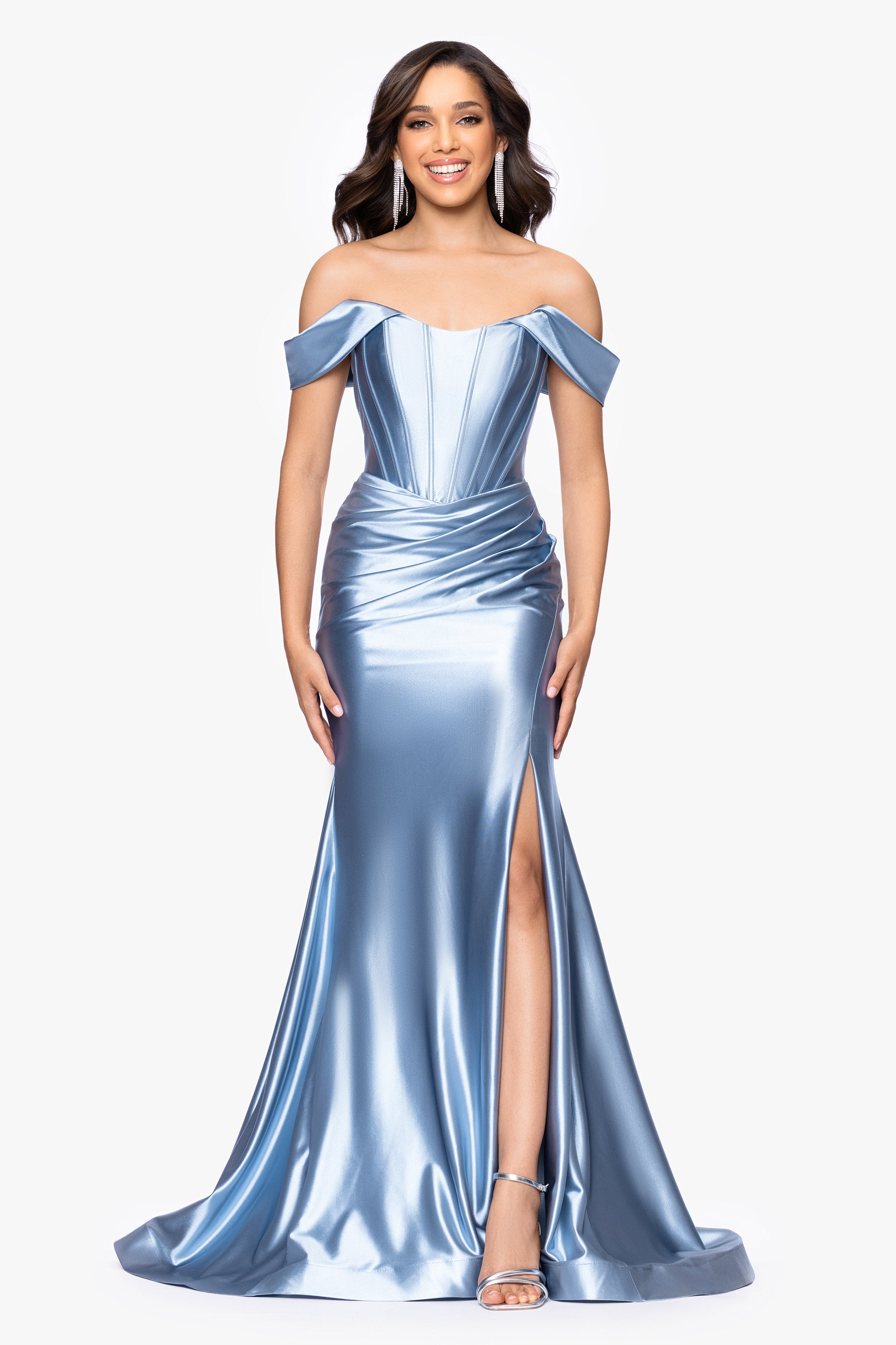 "Luanna" Satin Off Shoulder Corset Floor Length Dress
