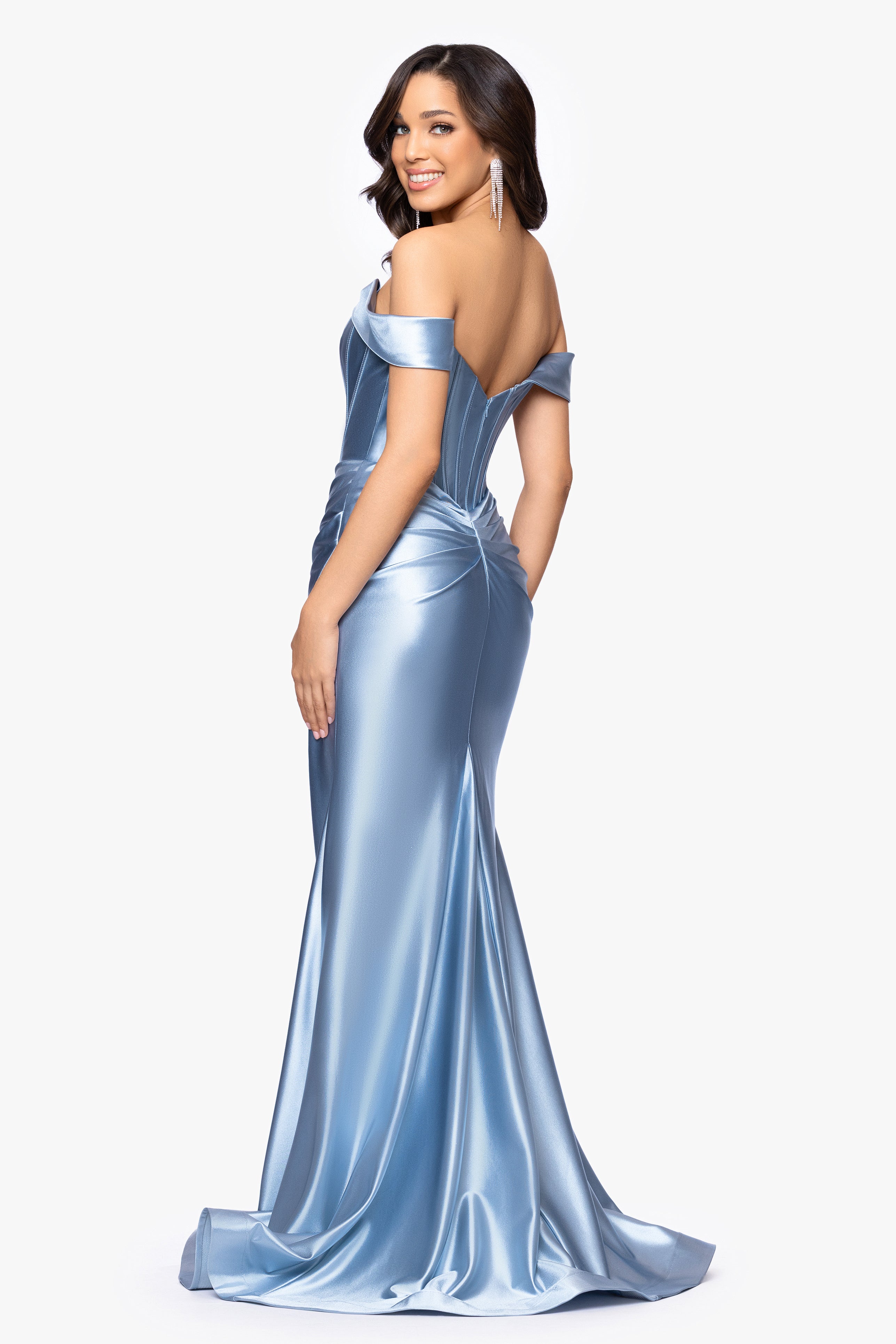 "Luanna" Satin Off Shoulder Corset Floor Length Dress