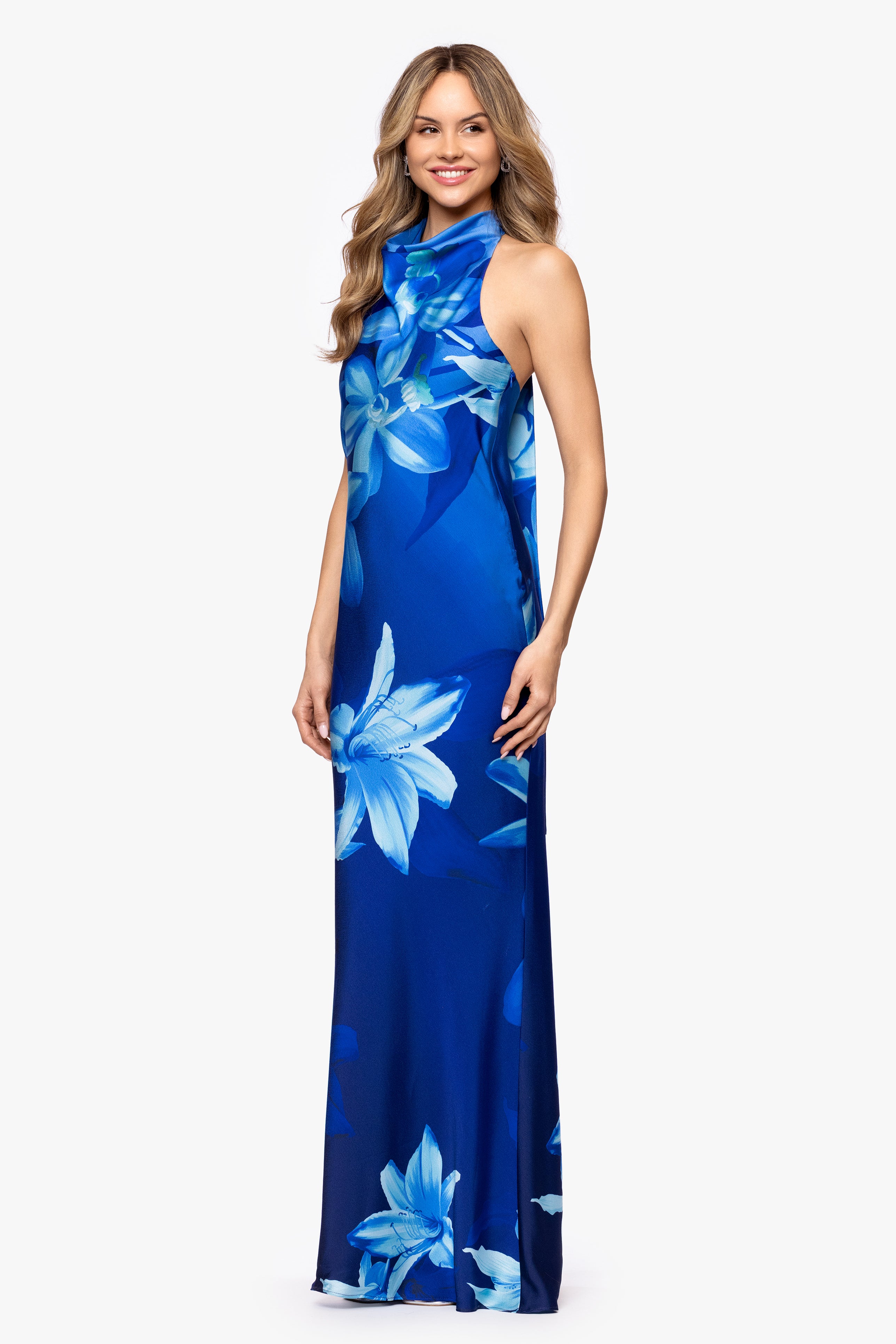 "Maya" Print Satin Halter Neck Floor Length Dress