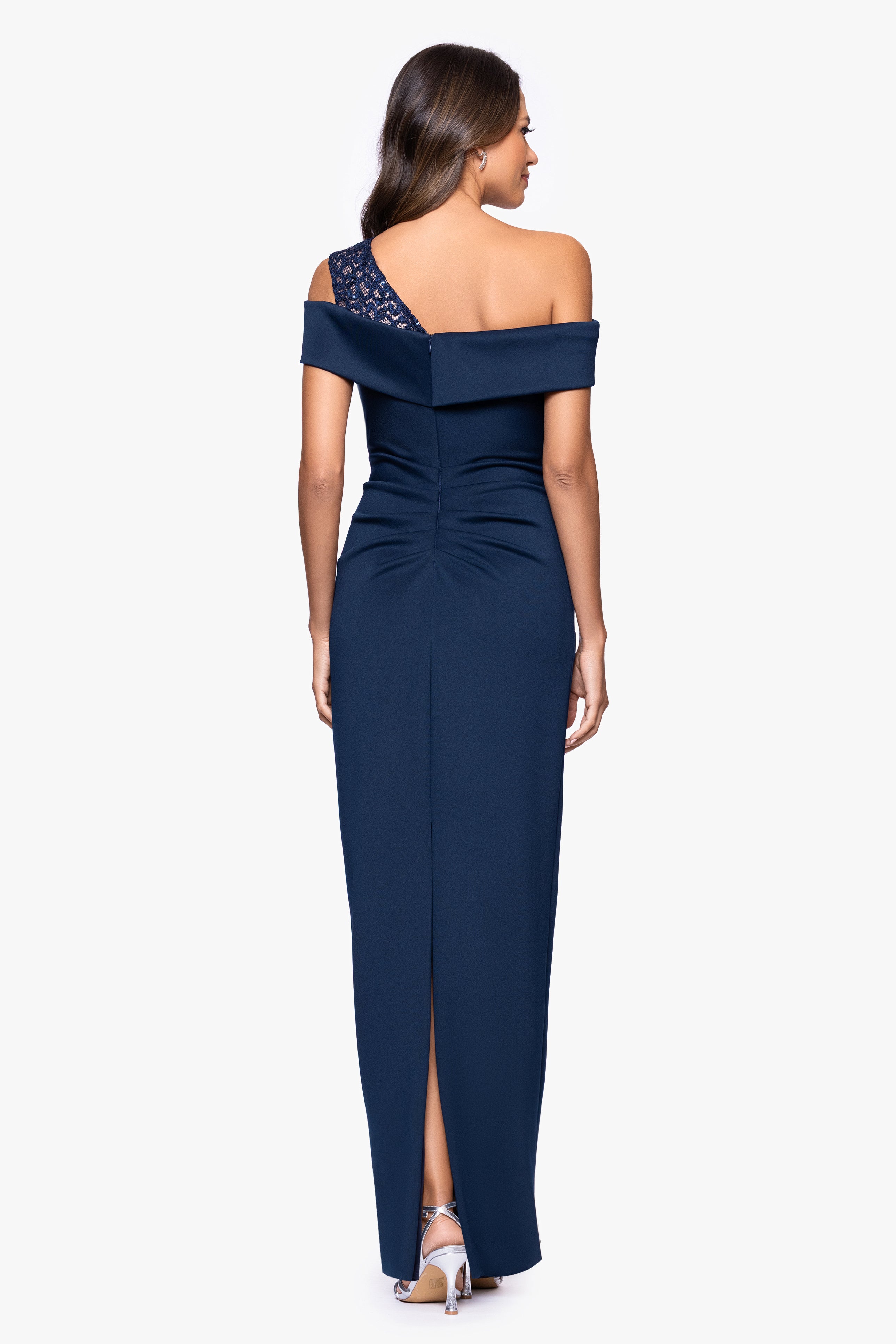 Petite "Delia" Techno Scuba Asymmetric Off Shoulder Floor Length Dress