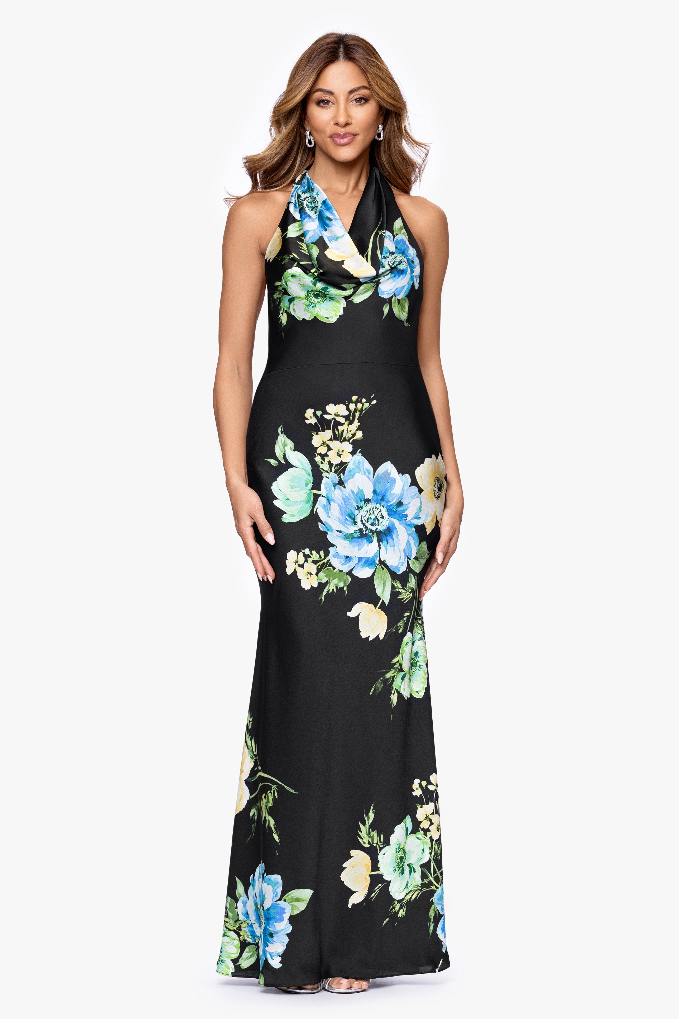 "Delaney" Printed Flower Satin Tie Neck Floor Length Dress