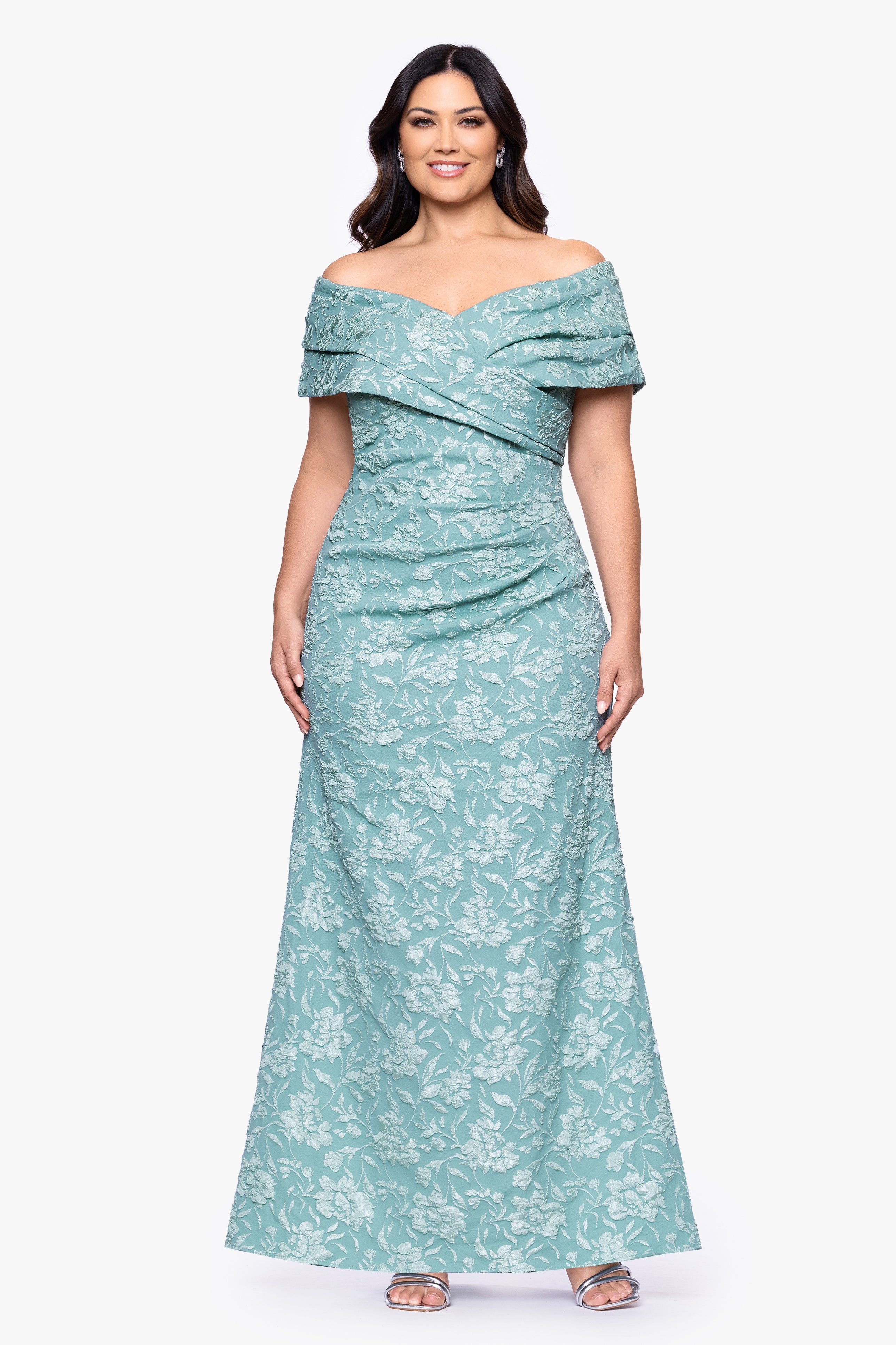 "April" Jacquard Off the Shoulder Floor Length Dress
