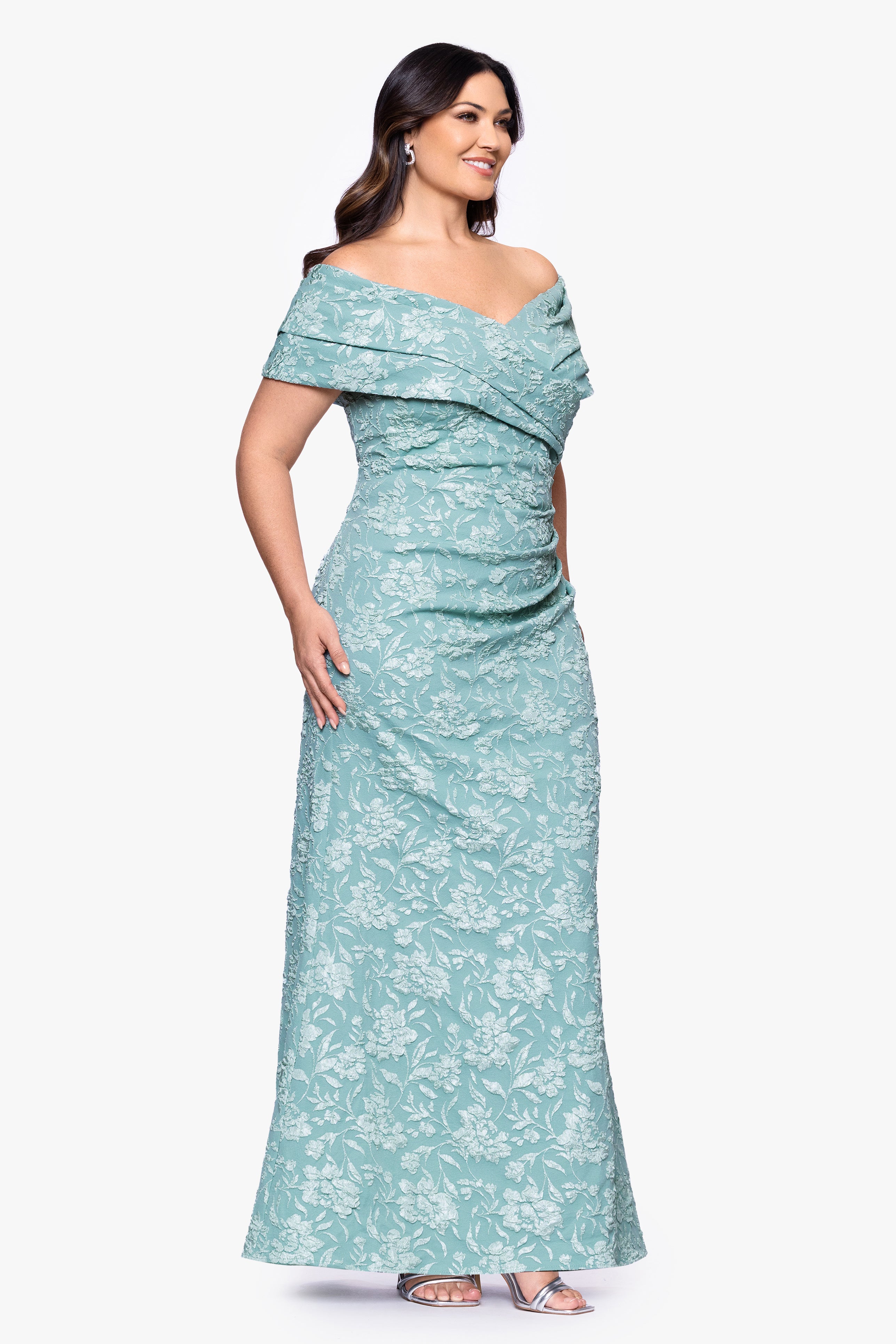 Plus "April" Jacquard Off the Shoulder Floor Length Dress