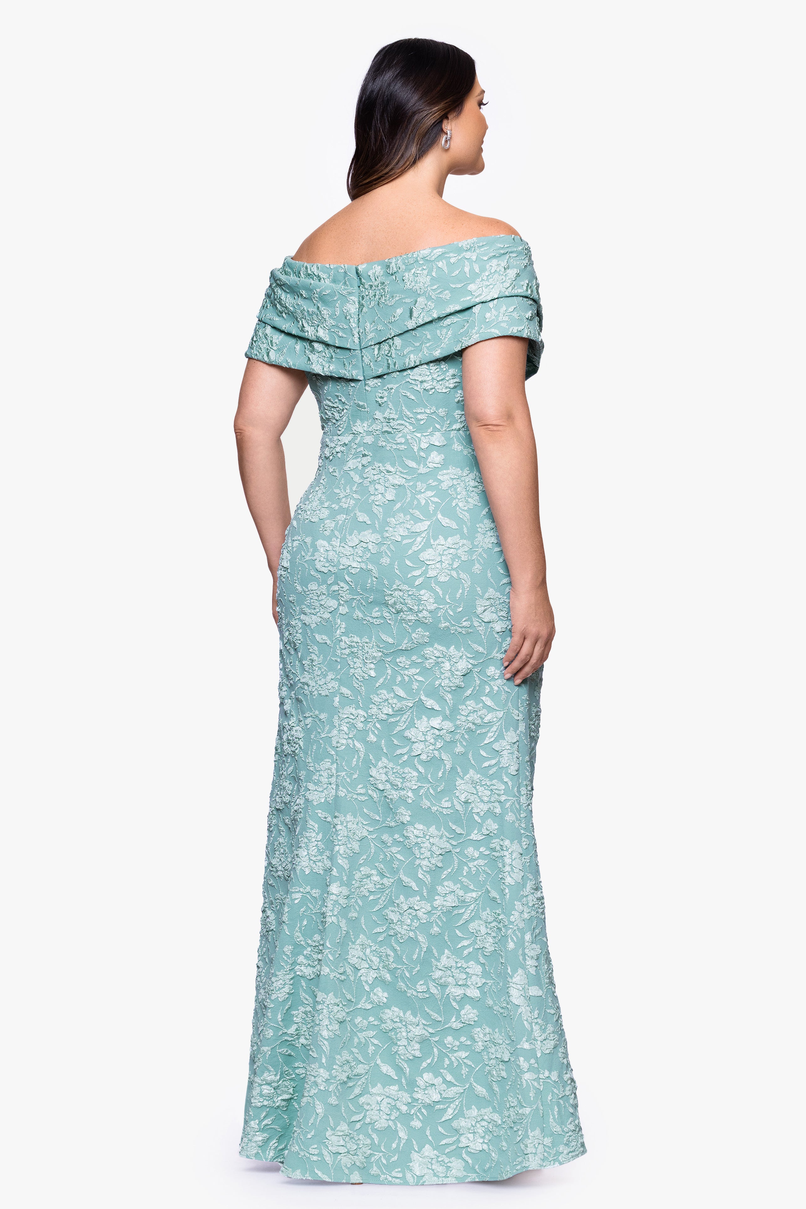 Plus "April" Jacquard Off the Shoulder Floor Length Dress