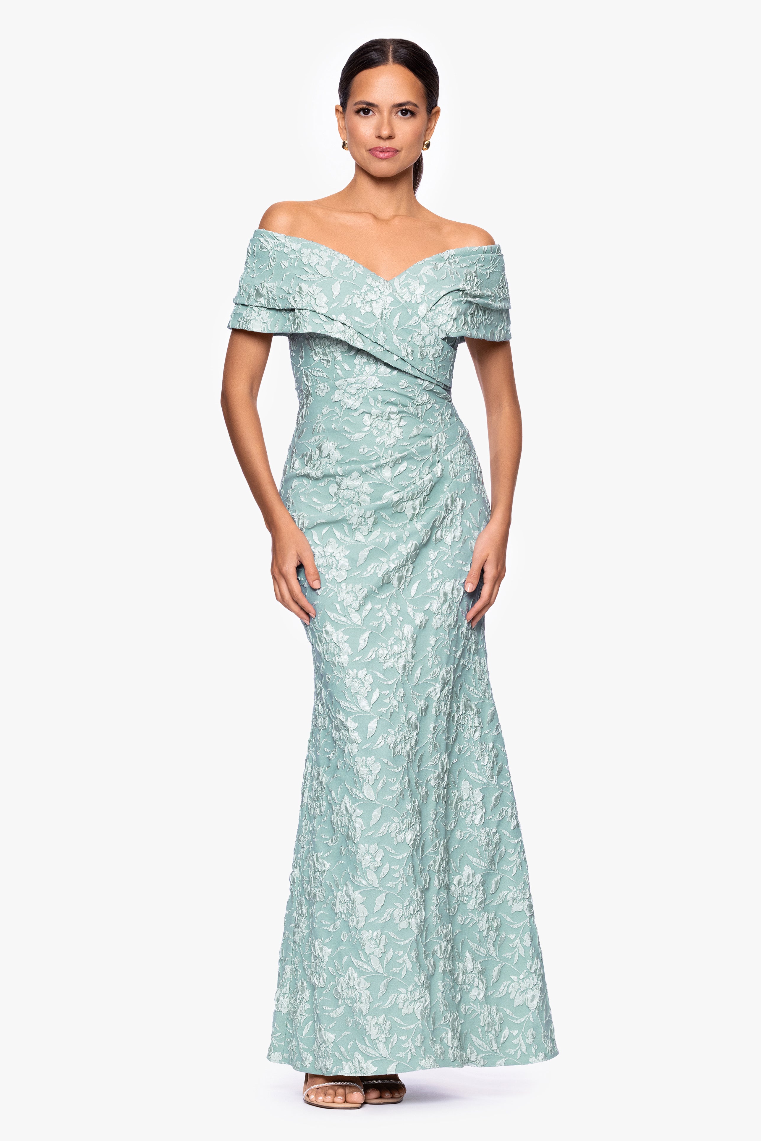 "April" Jacquard Off the Shoulder Floor Length Dress