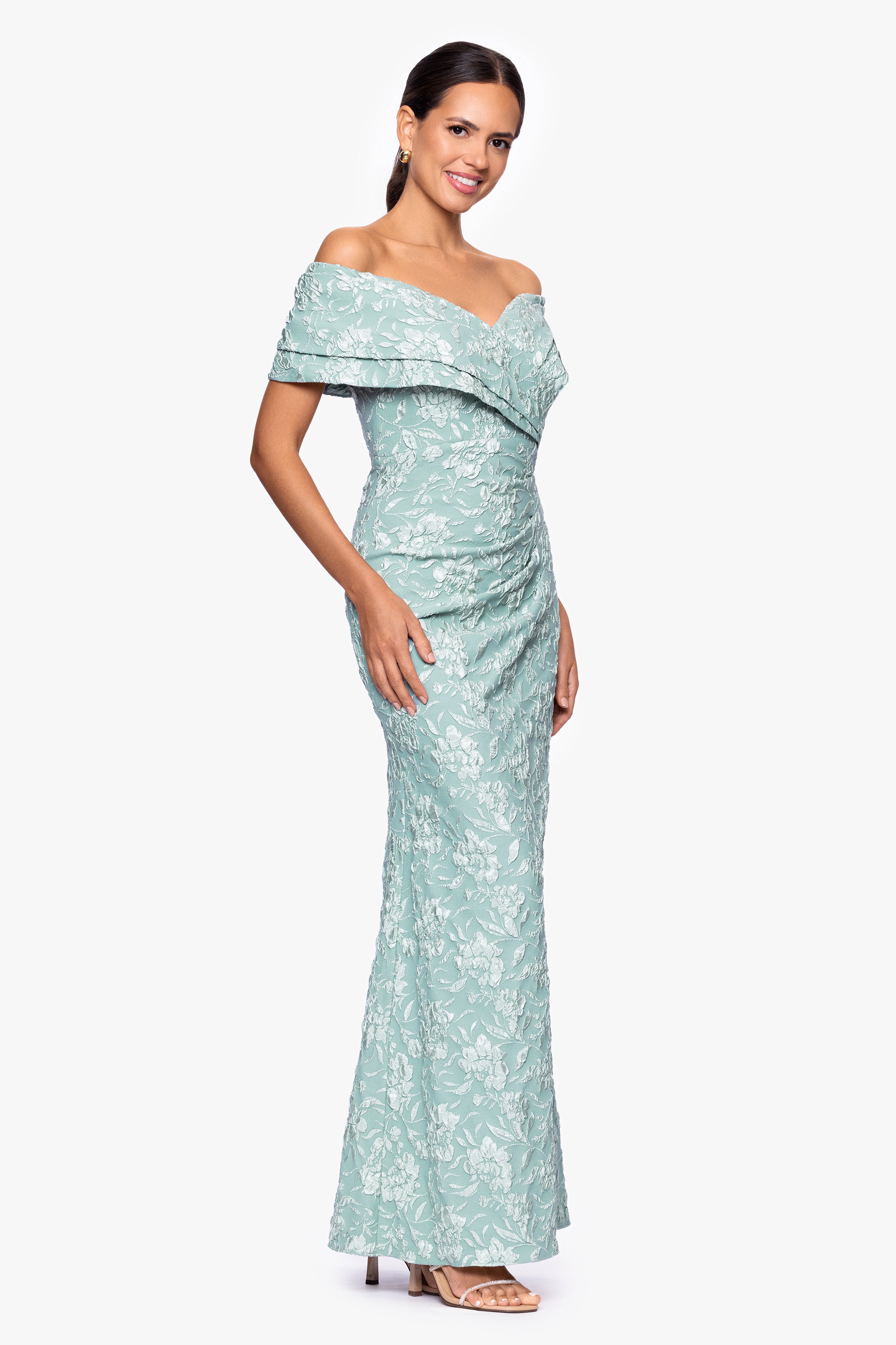 "April" Jacquard Off the Shoulder Floor Length Dress