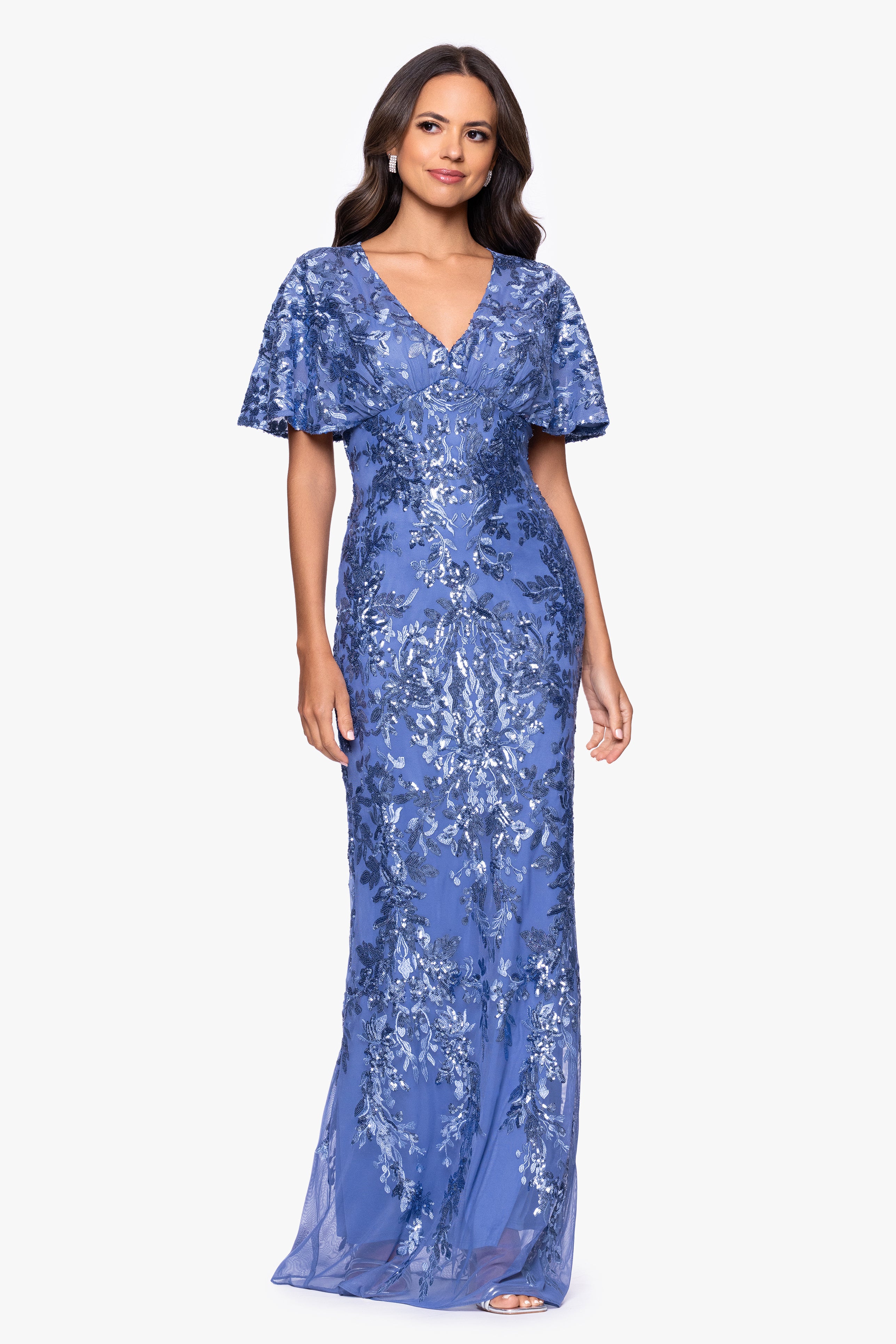 "Paisley" Sequin Mesh Flutter Sleeve V-Neck Floor Length Dress