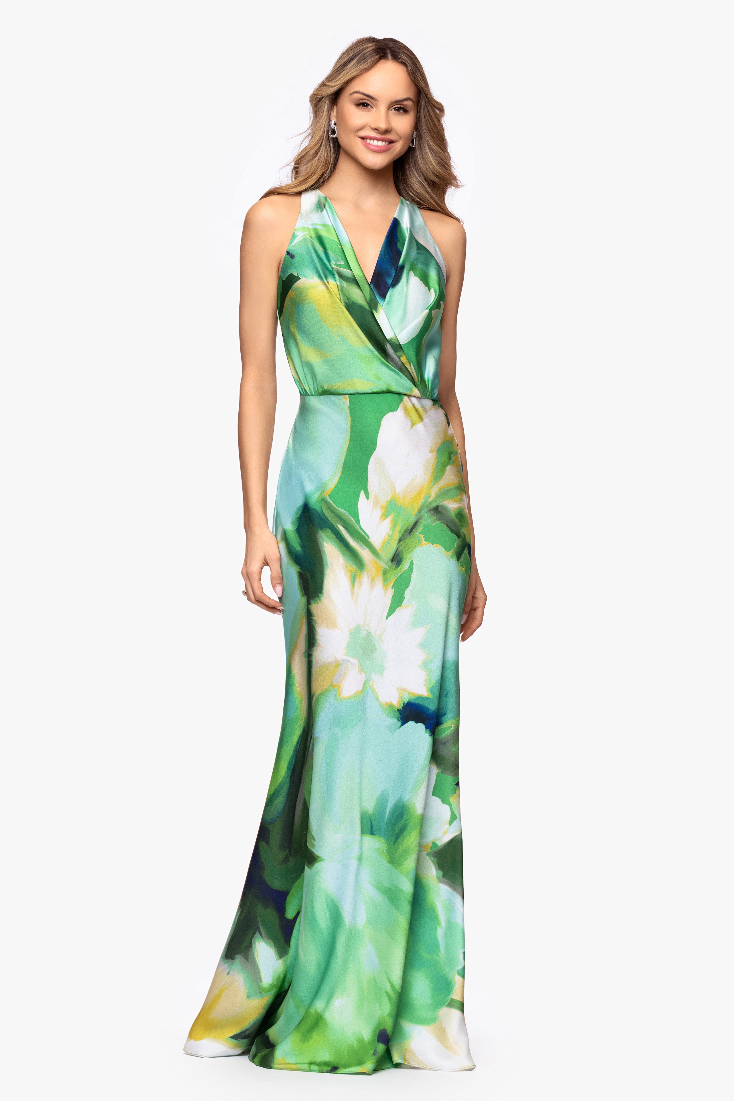 "Solana" Satin Print V-Neck Floor Length Dress