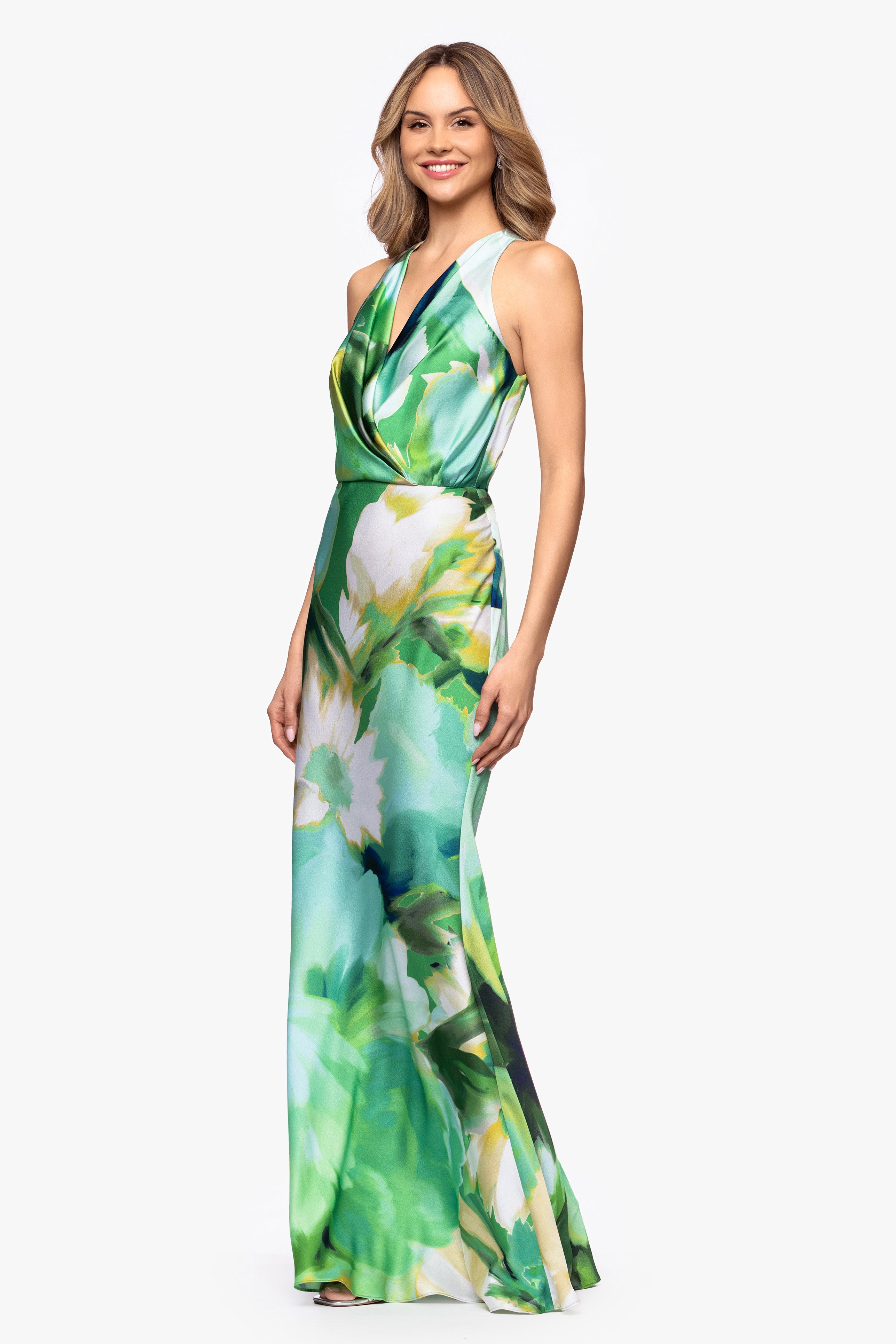 "Solana" Satin Print V-Neck Floor Length Dress