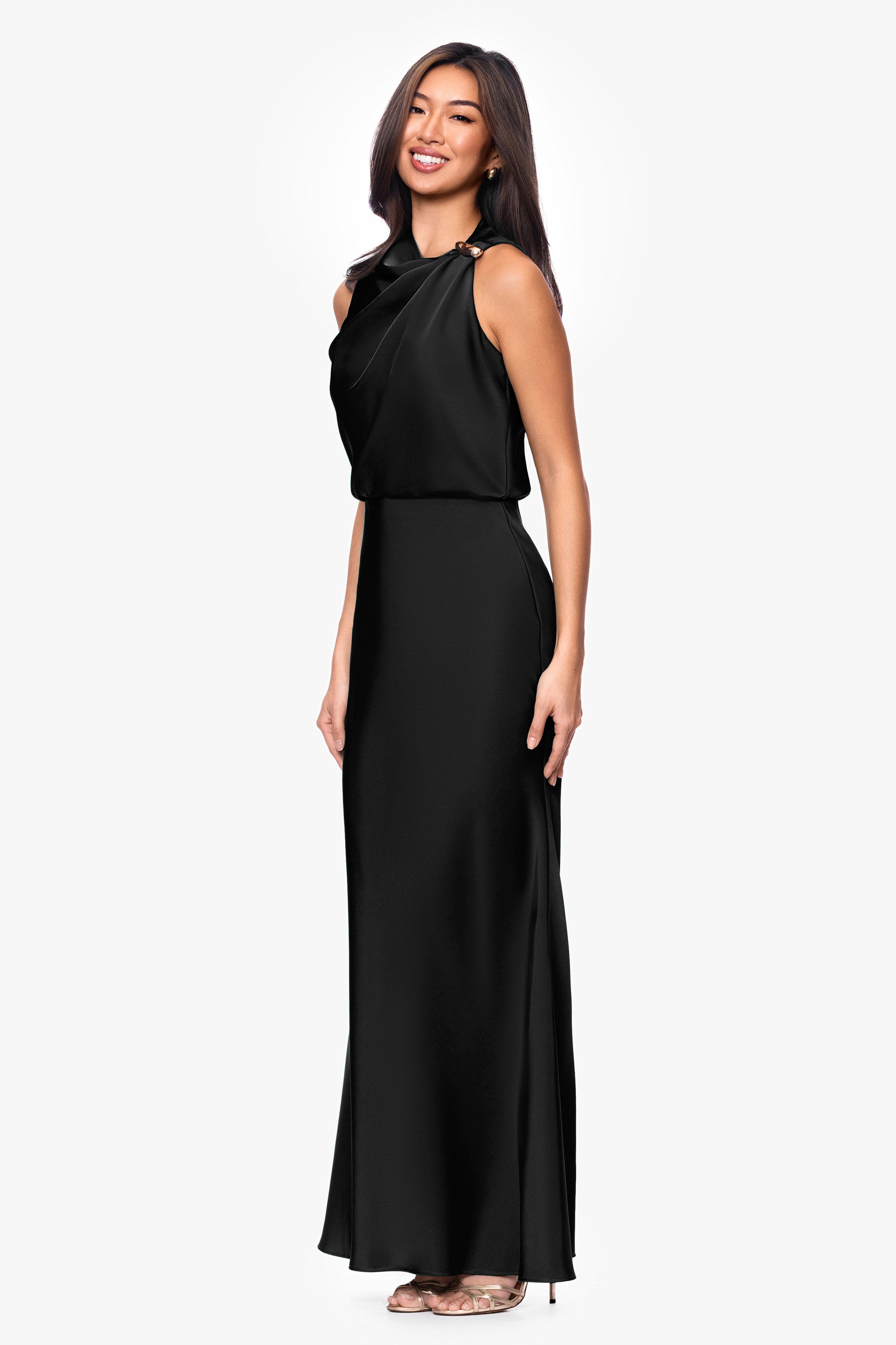 Petite "Colette" Satin Ruched Trim Dress