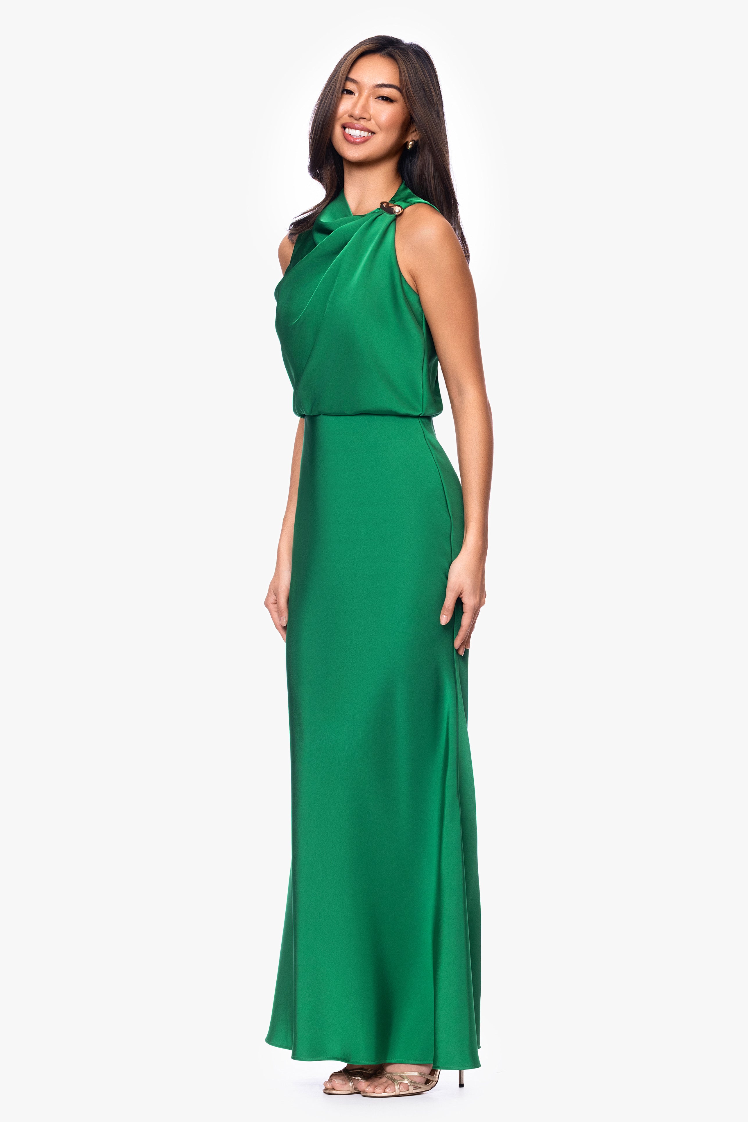 "Colette" Satin Rouched Trim Floor Length Dress