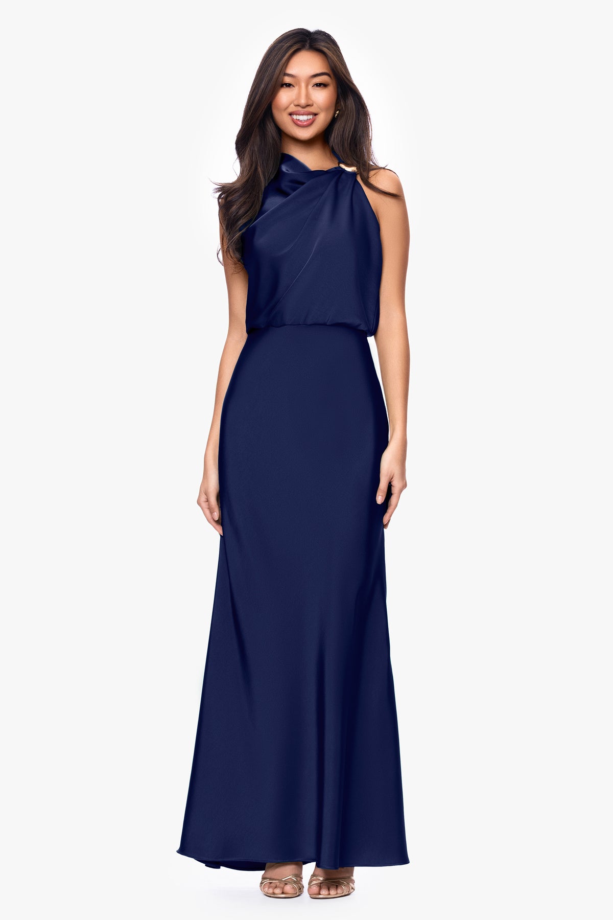 Petite "Colette" Satin Ruched Trim Dress