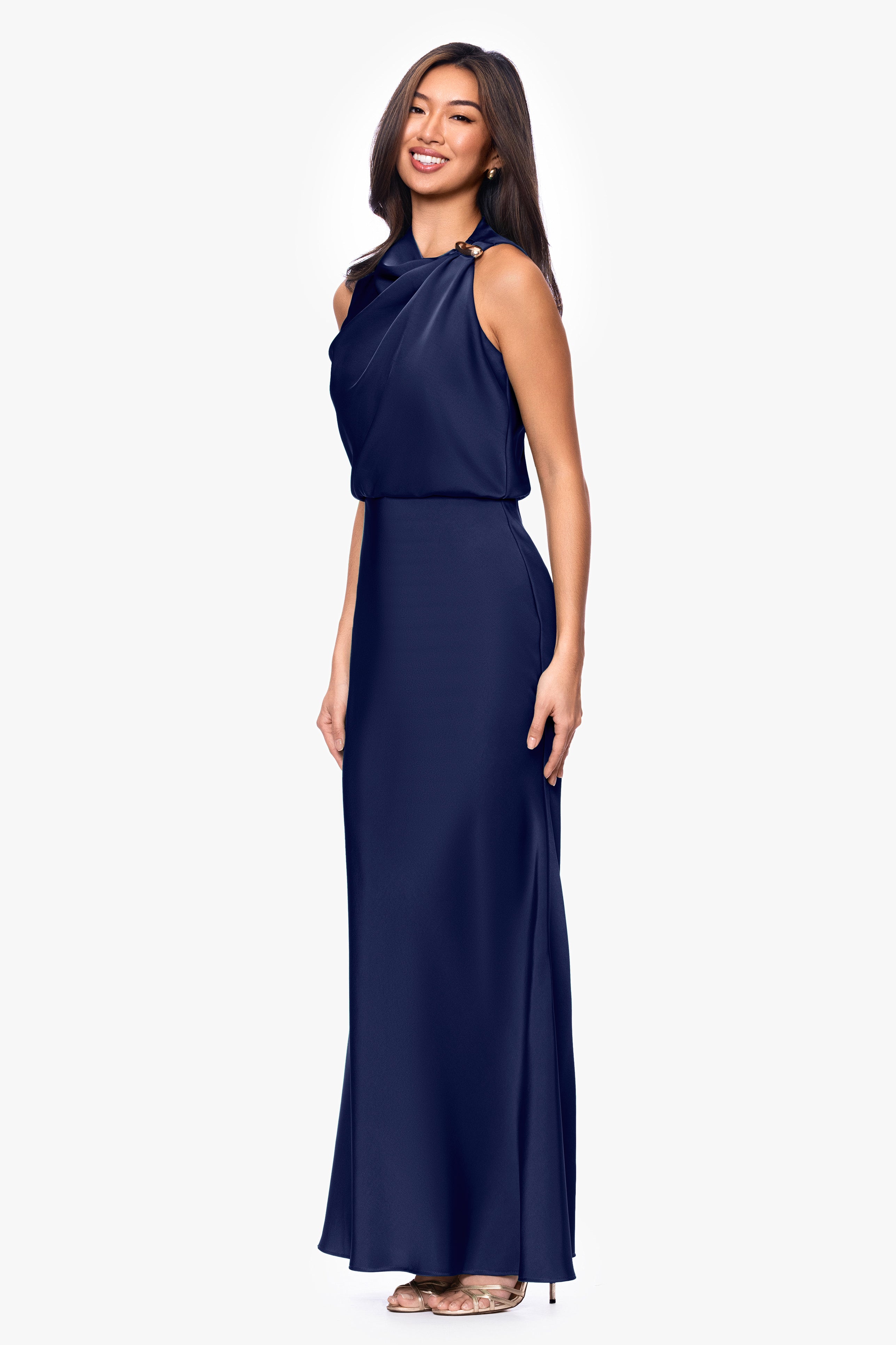 Petite Colette Satin Rouched Trim Floor Length Dress