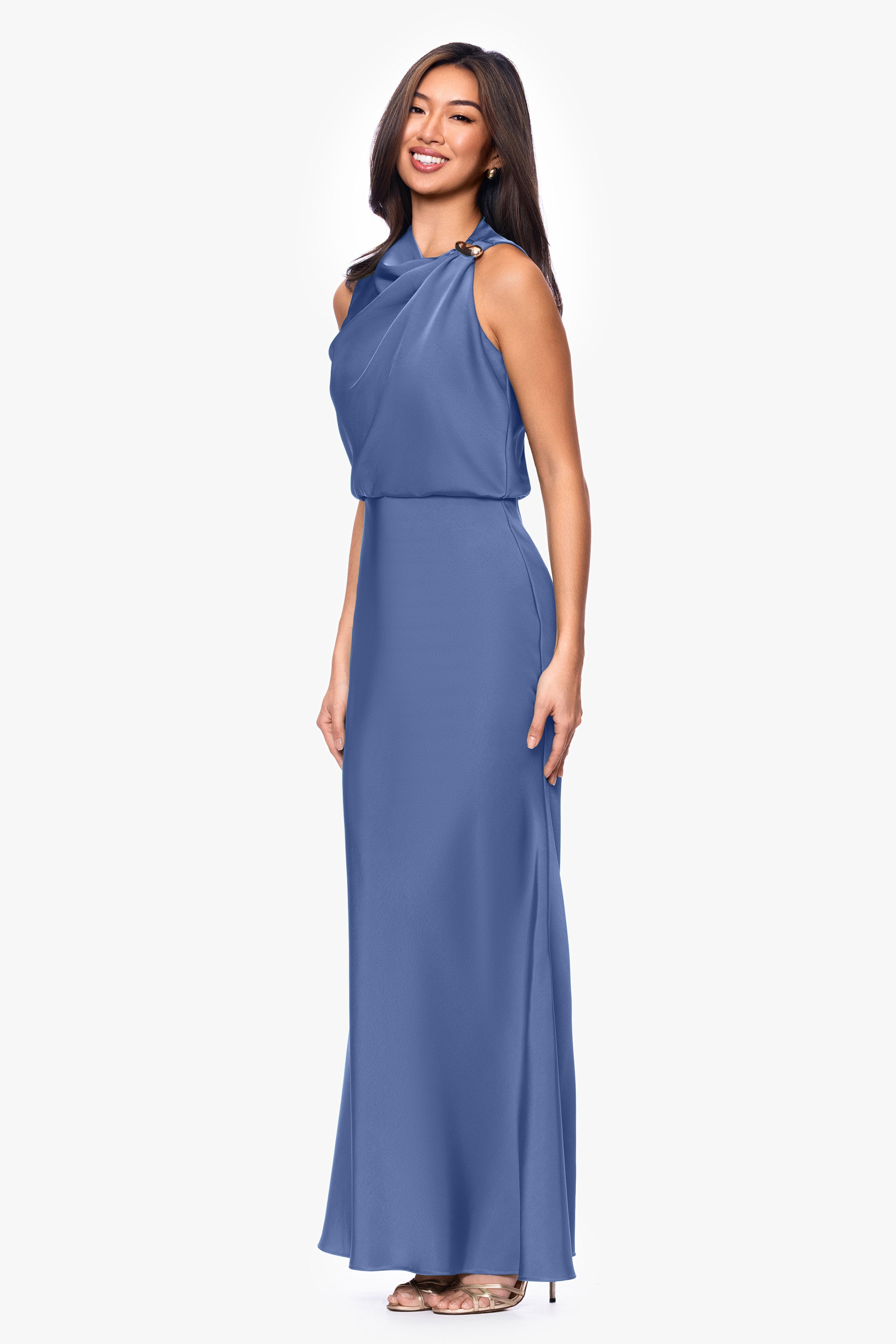 Petite "Colette" Satin Ruched Trim Dress