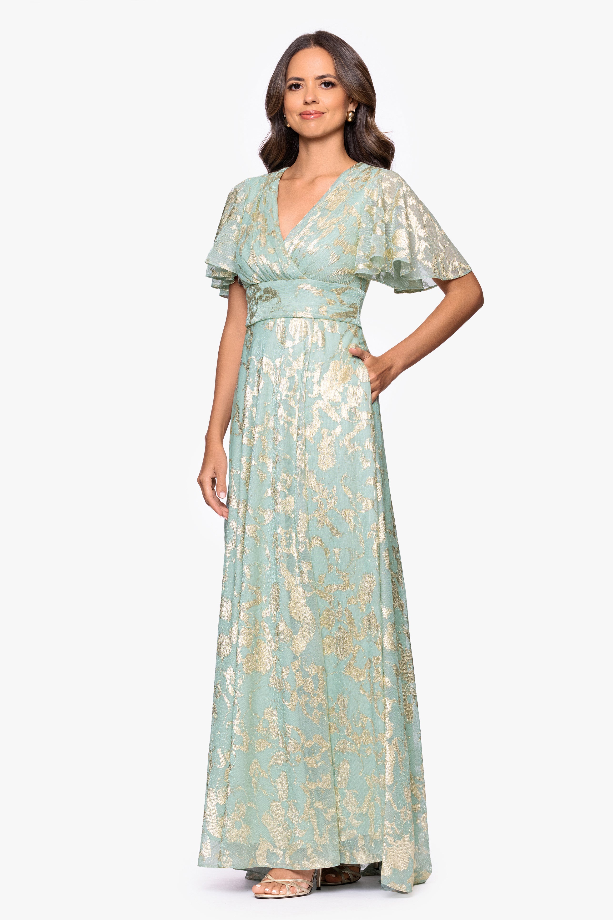 "Polly" Metallic Print Flutter Sleeve Floor Length Dress