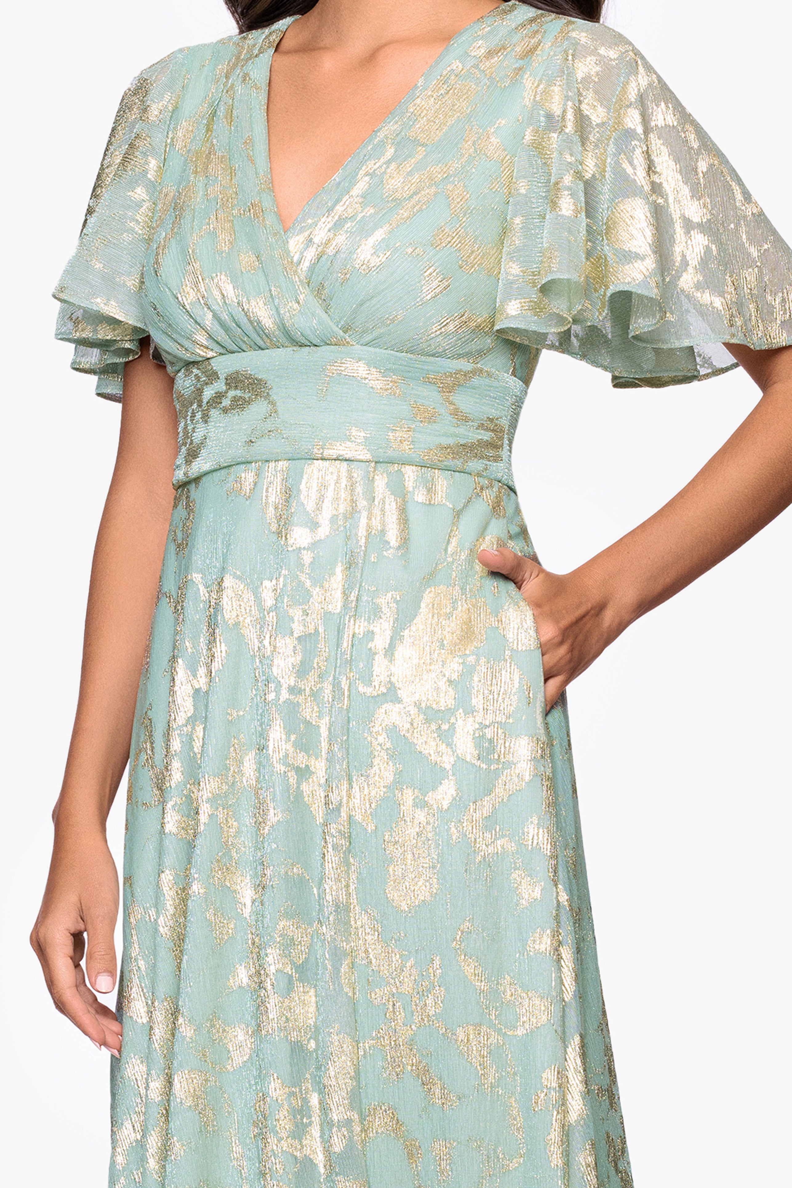 "Polly" Metallic Print Flutter Sleeve Floor Length Dress