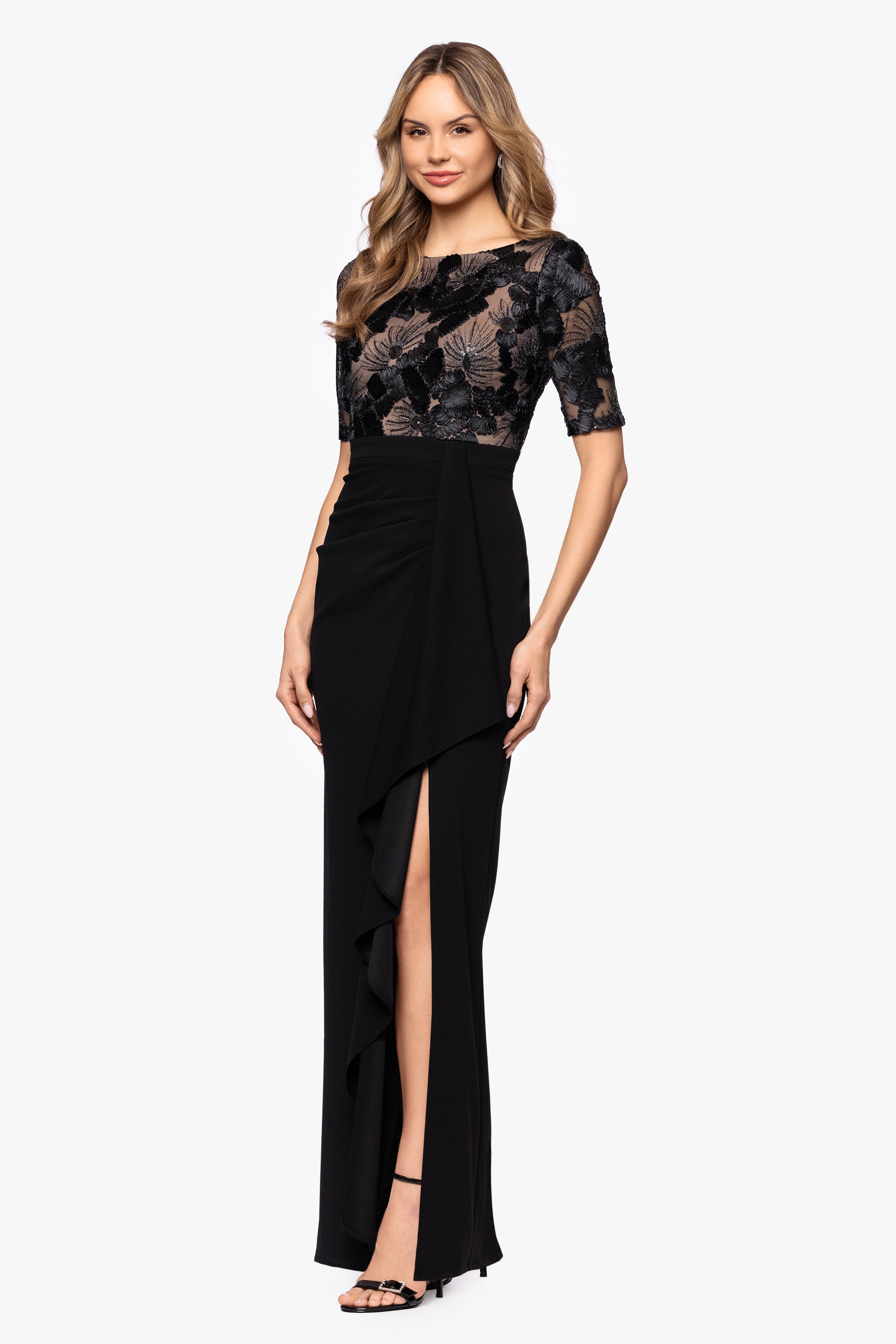 "Mel" Soutache and Scuba Crepe Floor Length Dress