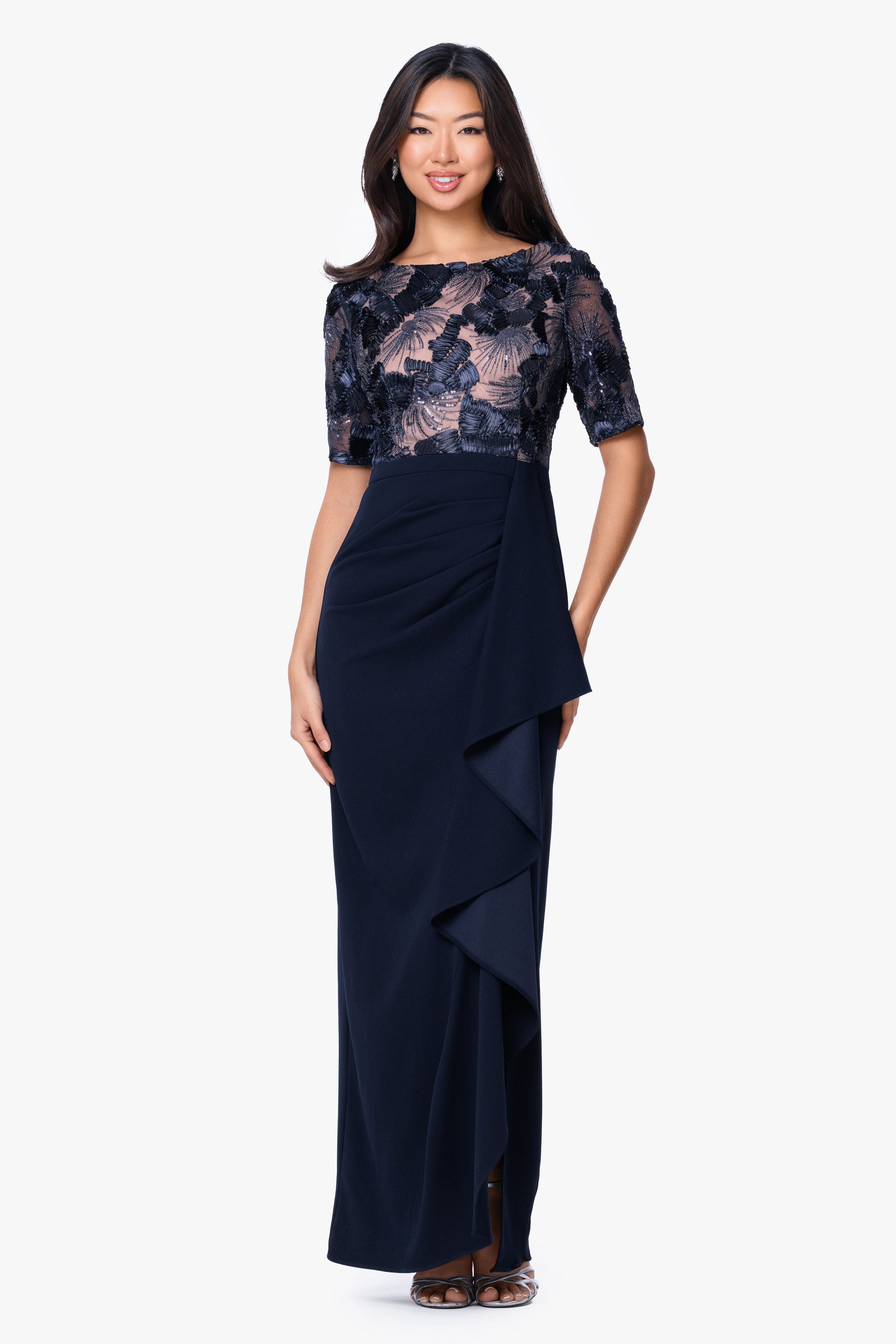 "Mel" Soutache and Scuba Crepe Floor Length Dress