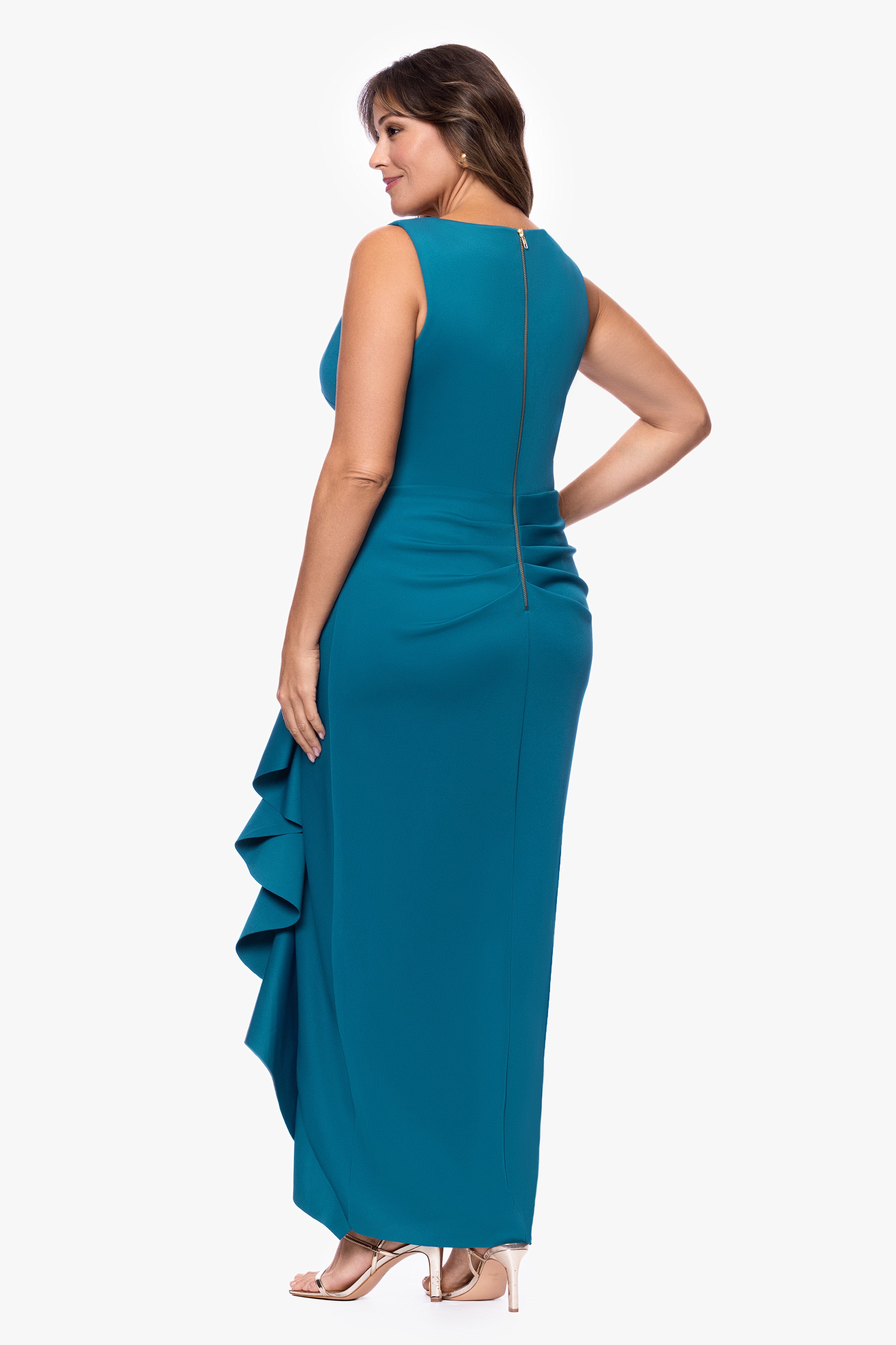 Plus "Rylee" Techno Scuba V-Neck Ruffle Floor Length Dress