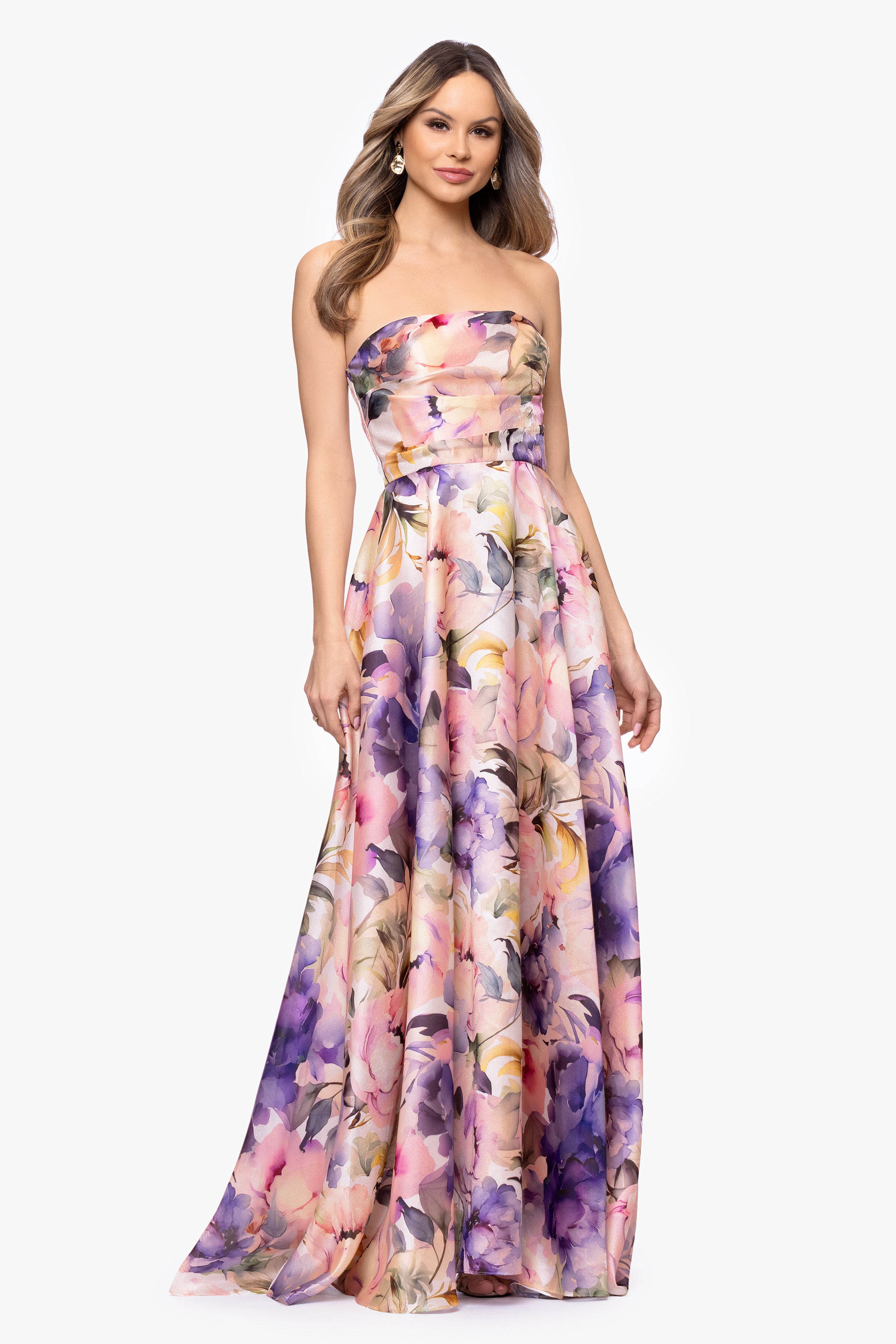 "Louisa" Organza Printed Strapless Floor Length Dress