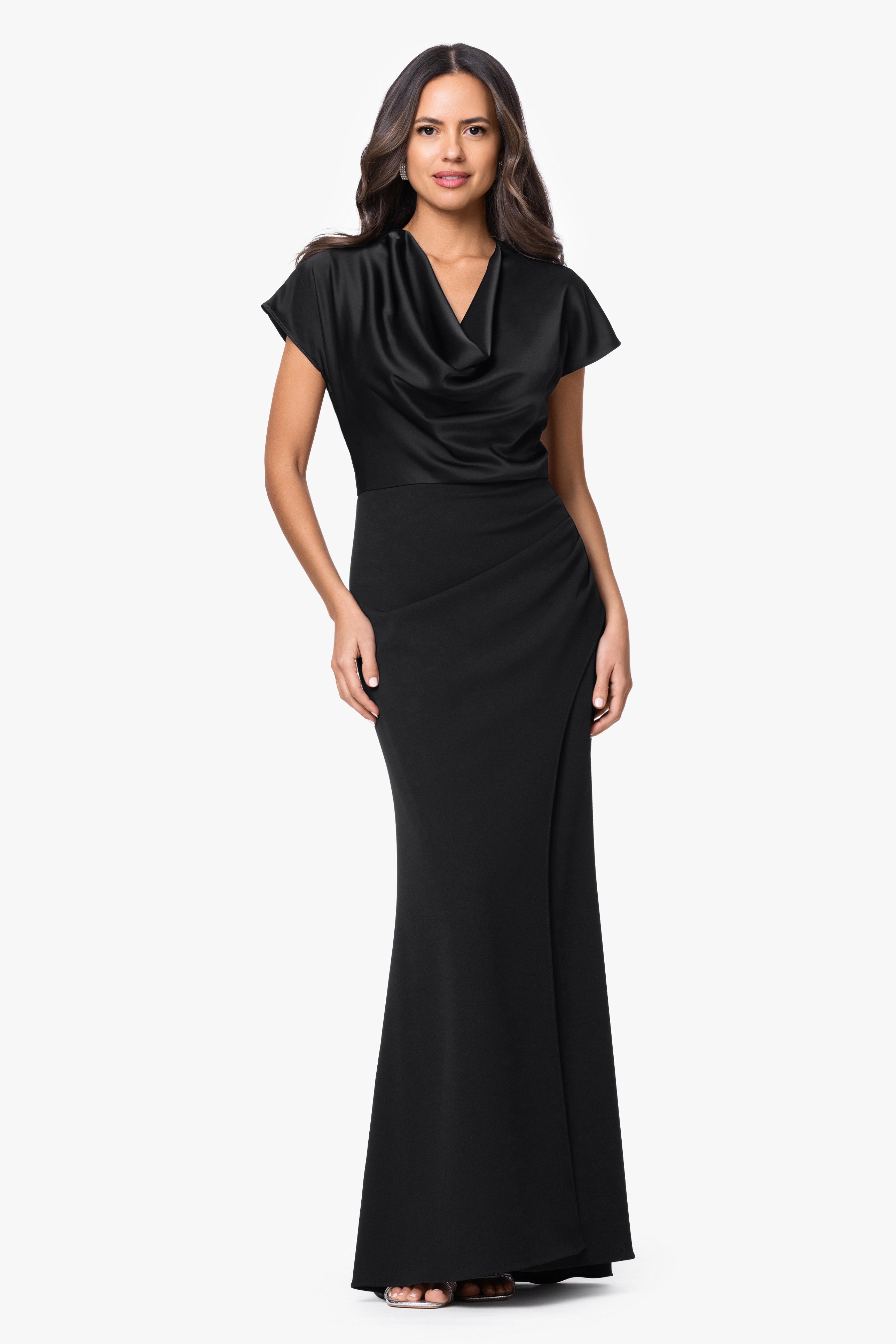Petite "Rinna" Scuba Crepe & Satin Cowl Neck Dress