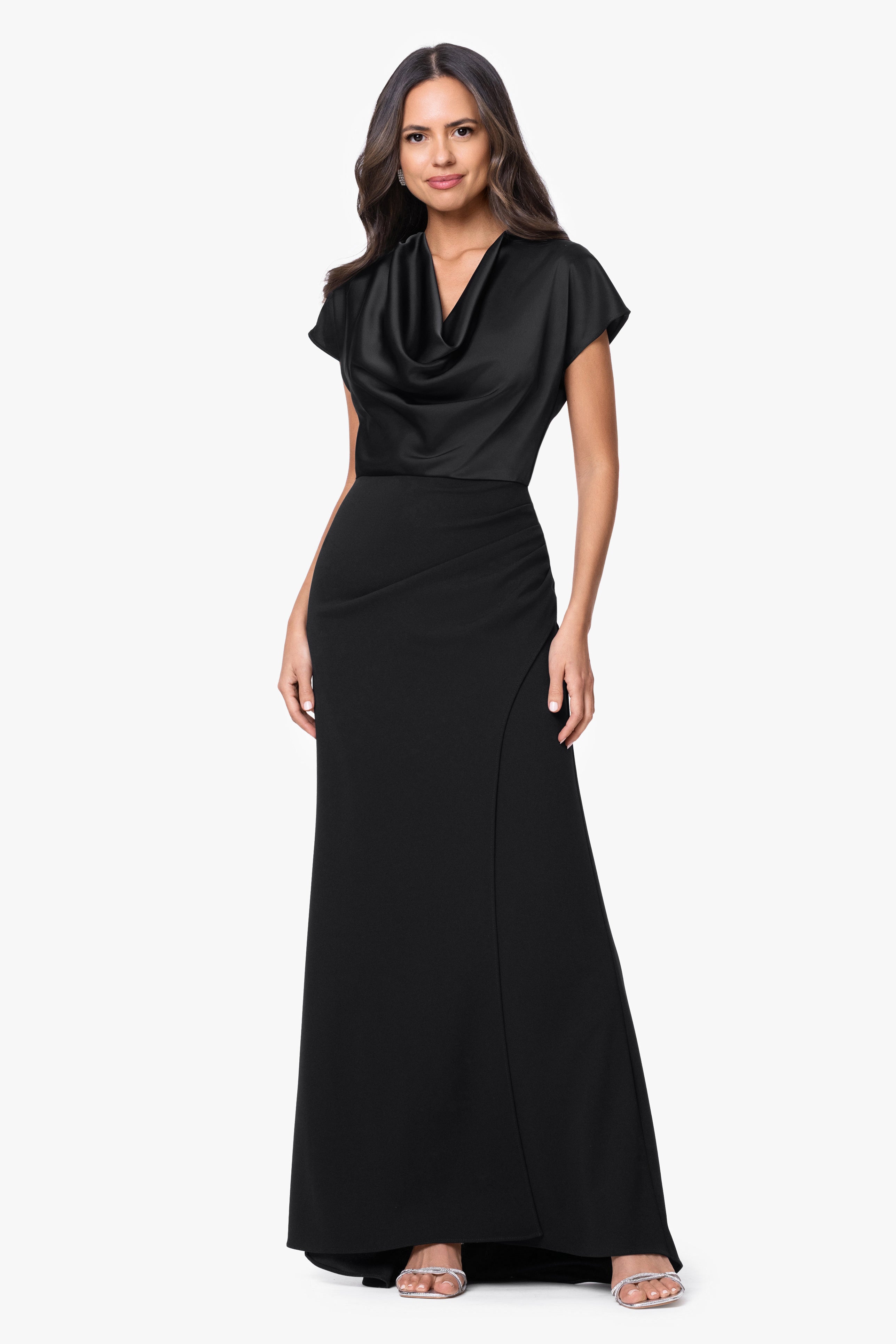 Petite "Rinna" Scuba Crepe & Satin Cowl Neck Dress