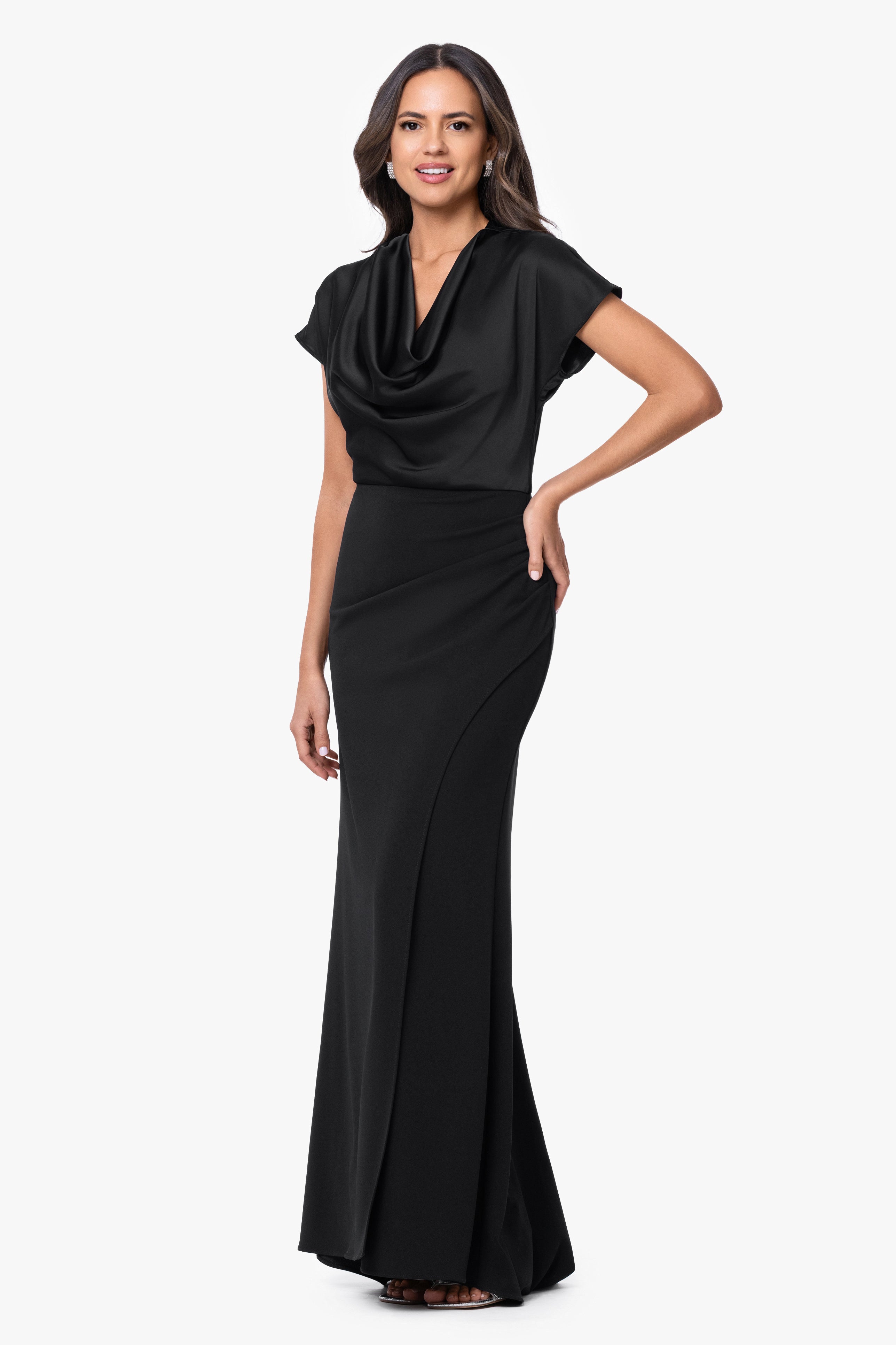 Petite "Rinna" Scuba Crepe & Satin Cowl Neck Dress