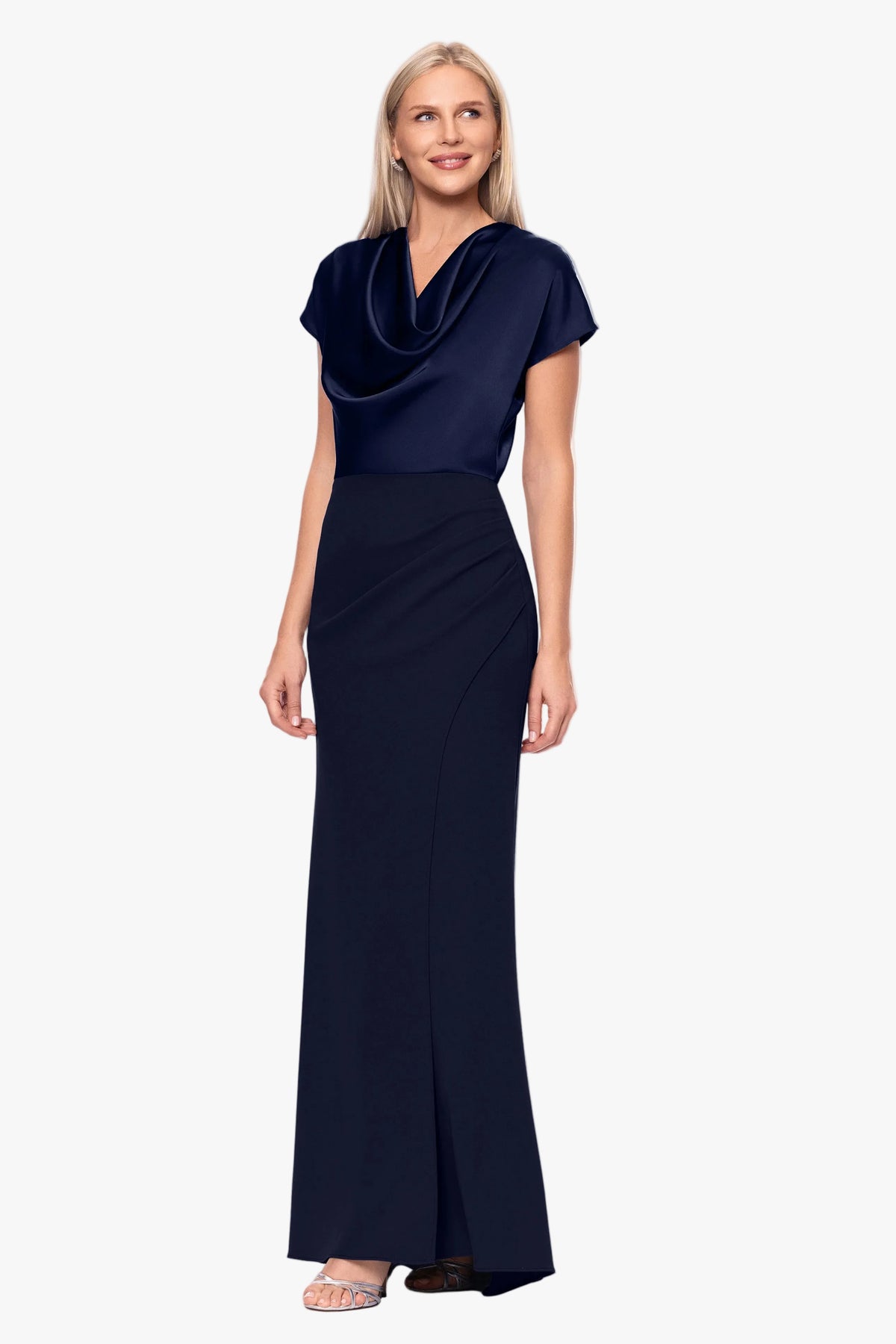 "Rinna" Scuba Crepe & Satin Cowl Neck Dress