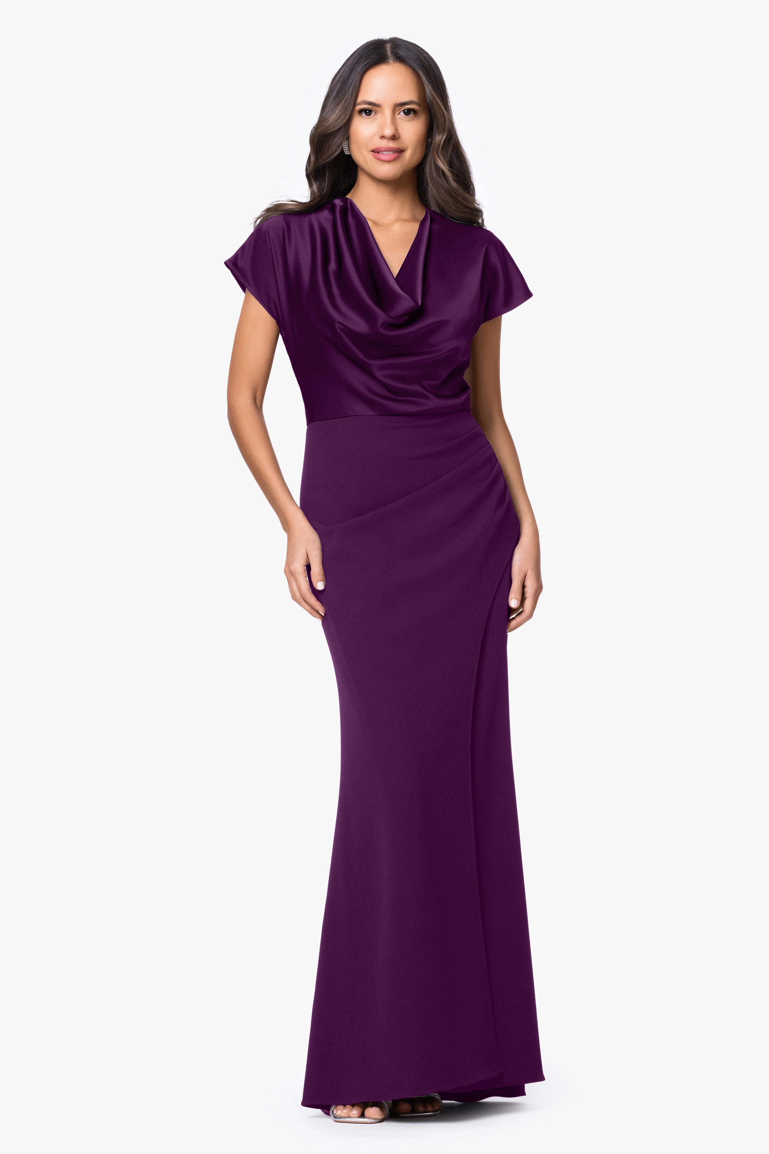 "Rinna" Scuba Crepe and Satin Cowl Neck Floor Length Dress