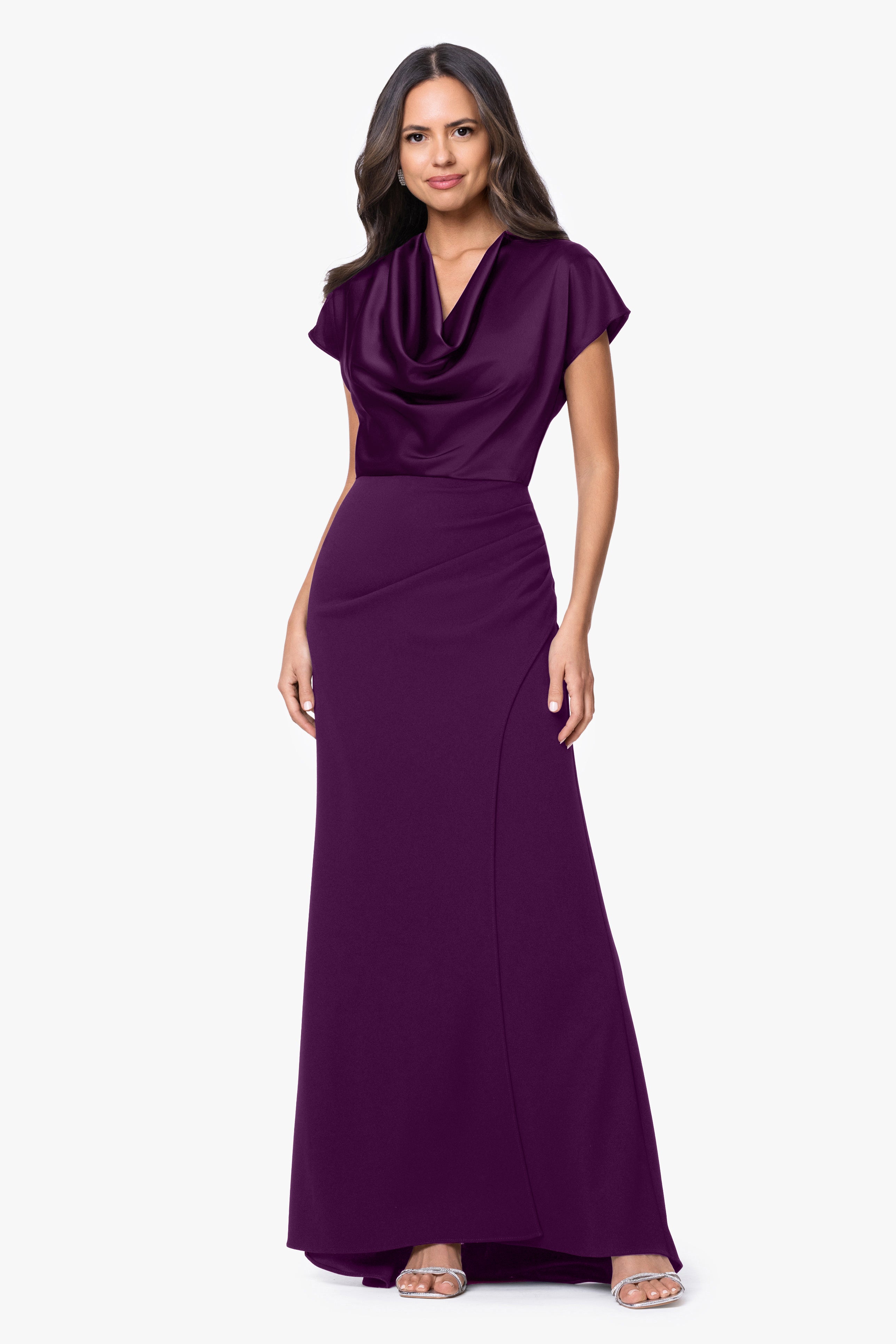 Petite "Rinna" Scuba Crepe & Satin Cowl Neck Dress