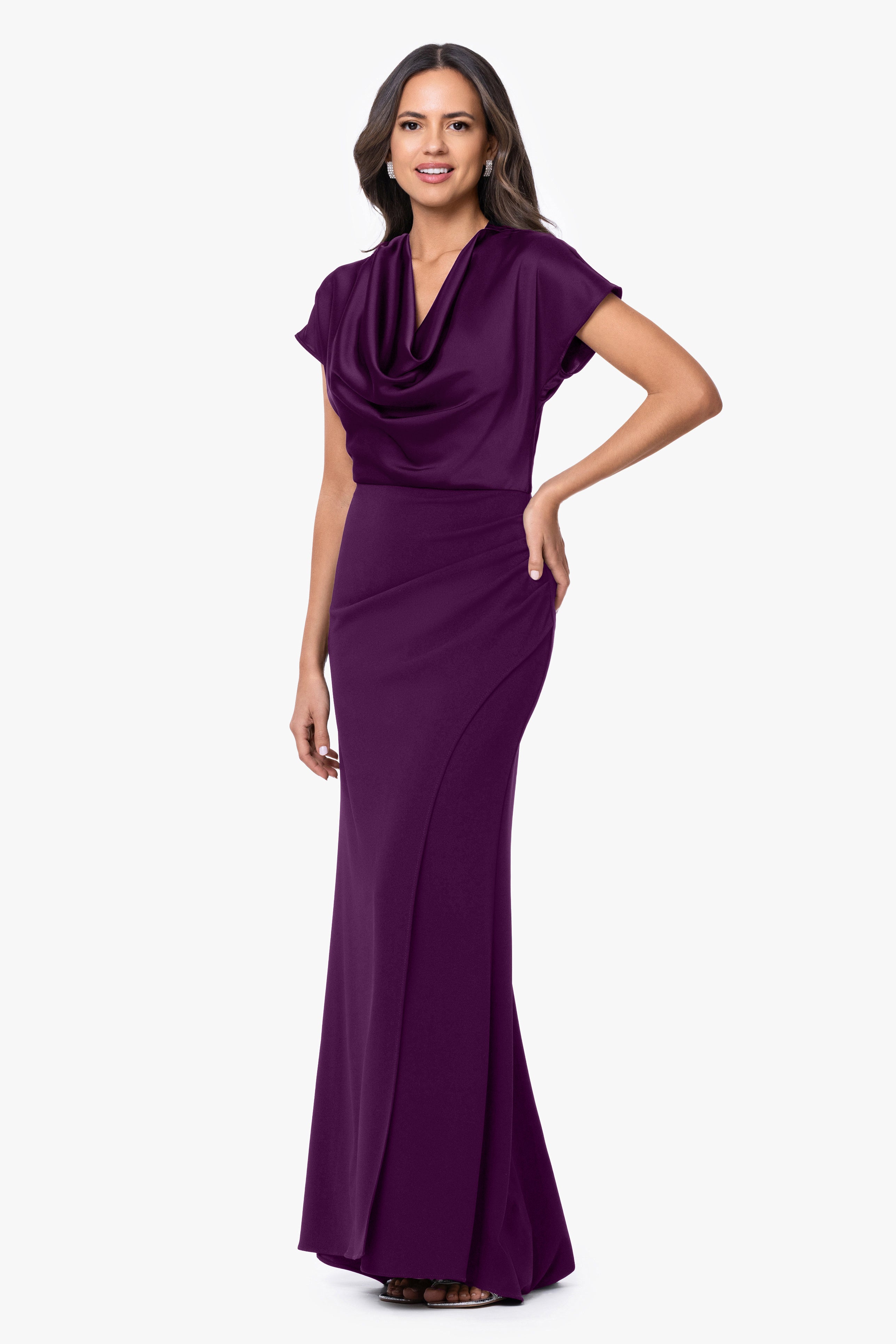 Petite "Rinna" Scuba Crepe & Satin Cowl Neck Dress