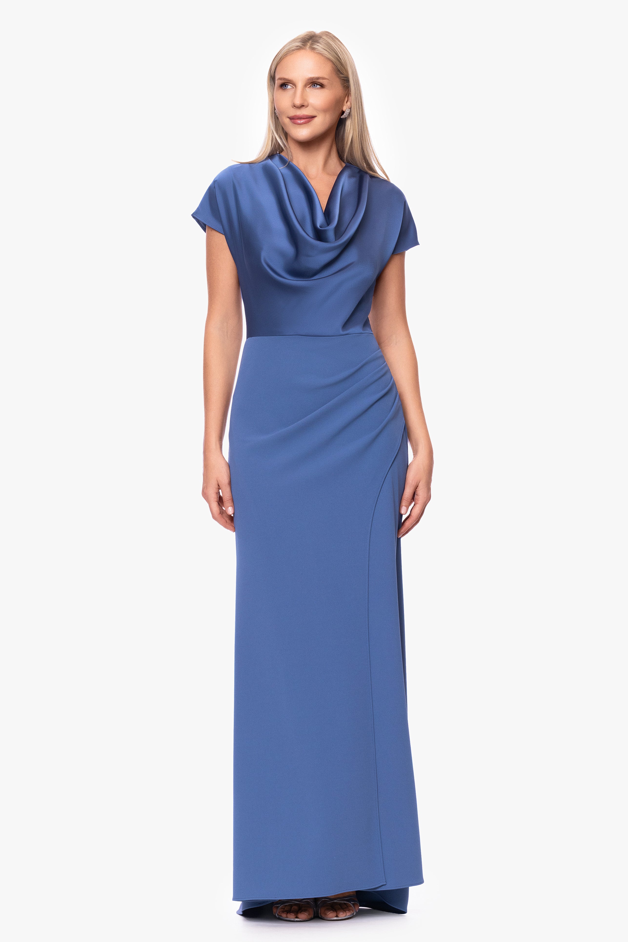 "Rinna" Scuba Crepe and Satin Cowl Neck Floor Length Dress