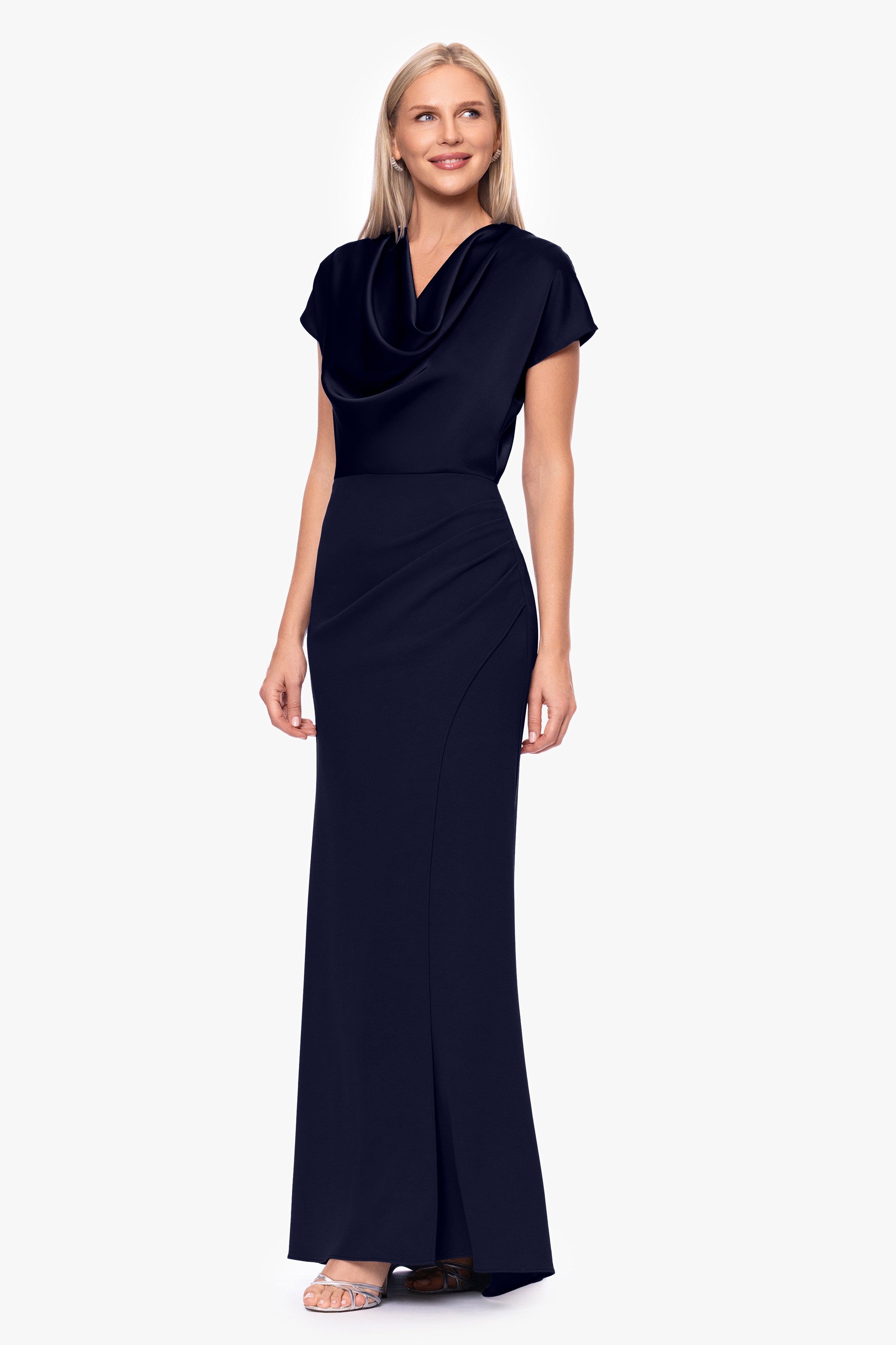fitted lace wedding dress Delia Formal Cowl Neck Long Dress