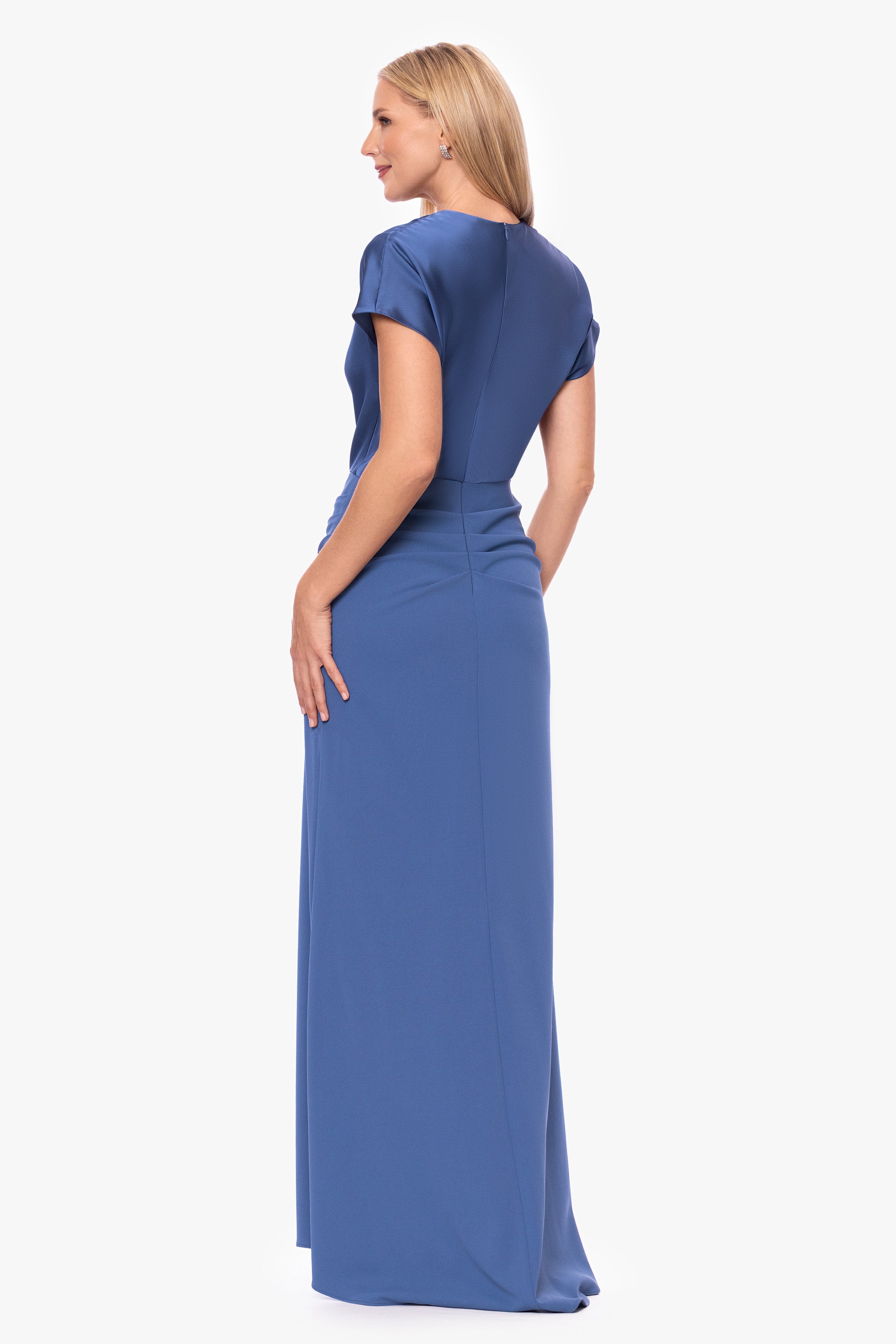 Petite "Rinna" Scuba Crepe and Satin Cowl Neck Floor Length Dress
