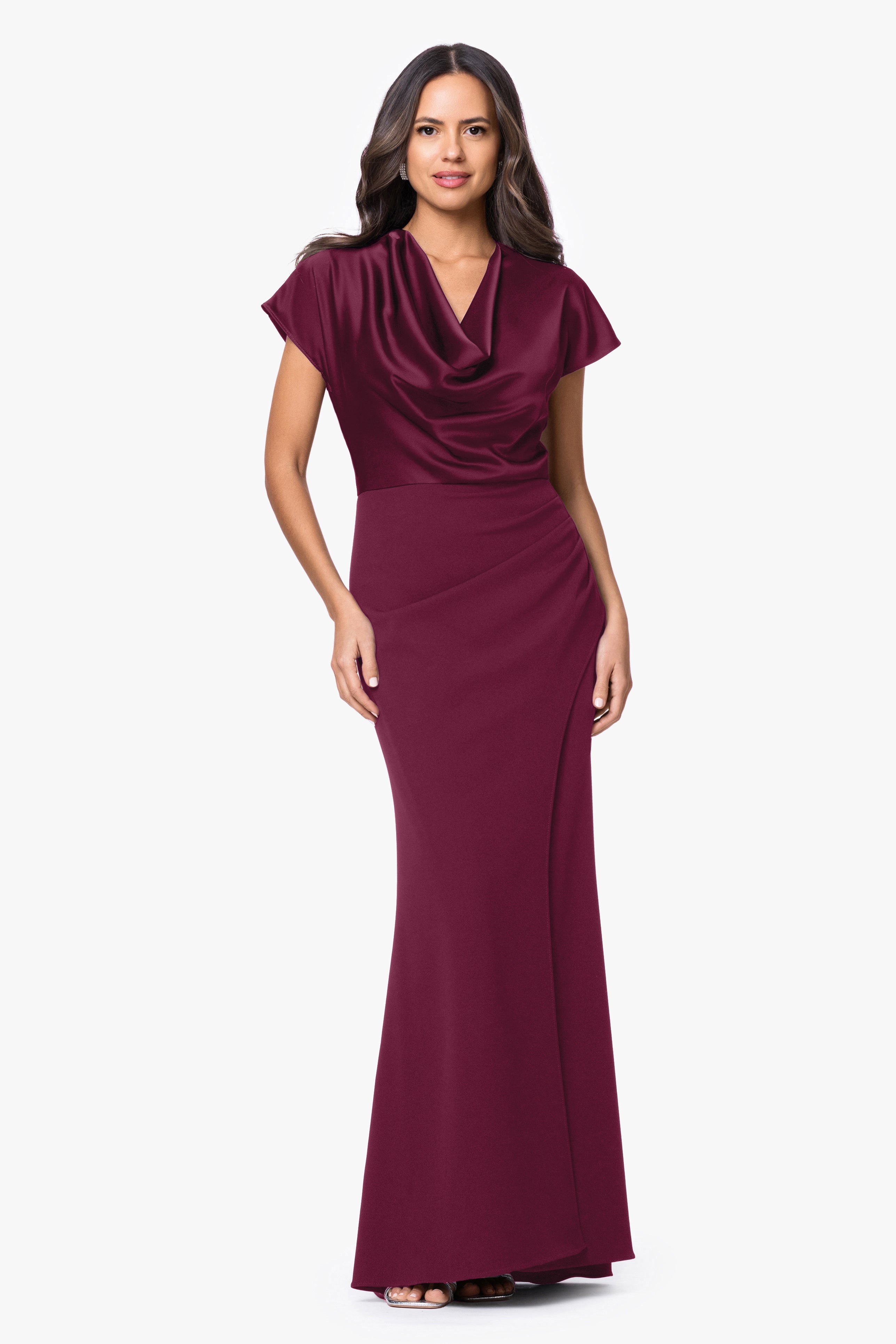 Petite "Rinna" Scuba Crepe & Satin Cowl Neck Dress