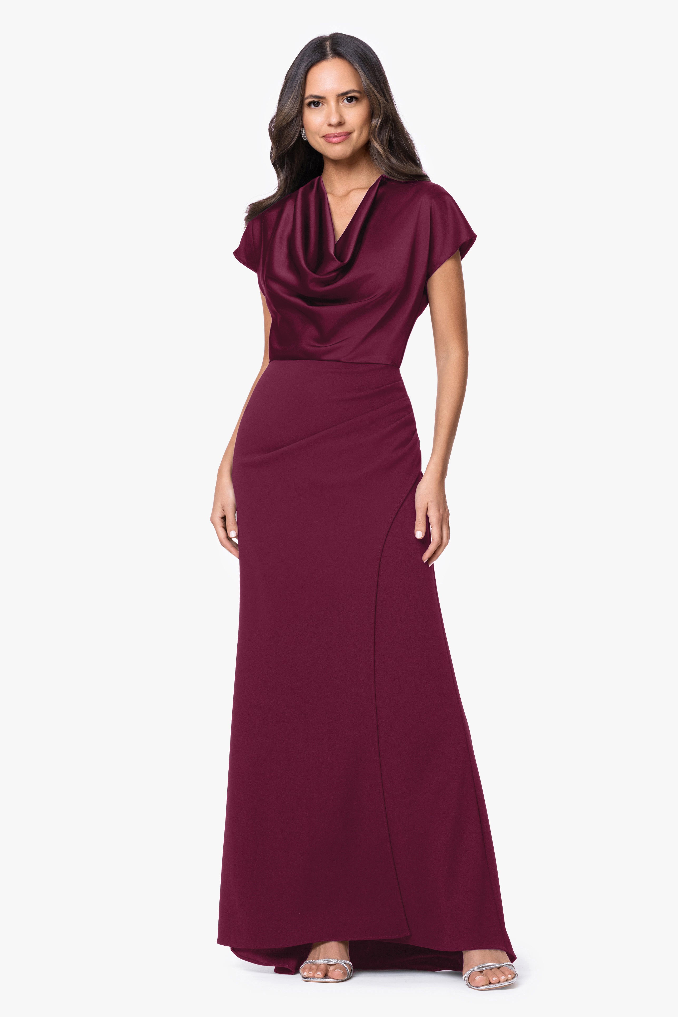 Petite "Rinna" Scuba Crepe & Satin Cowl Neck Dress