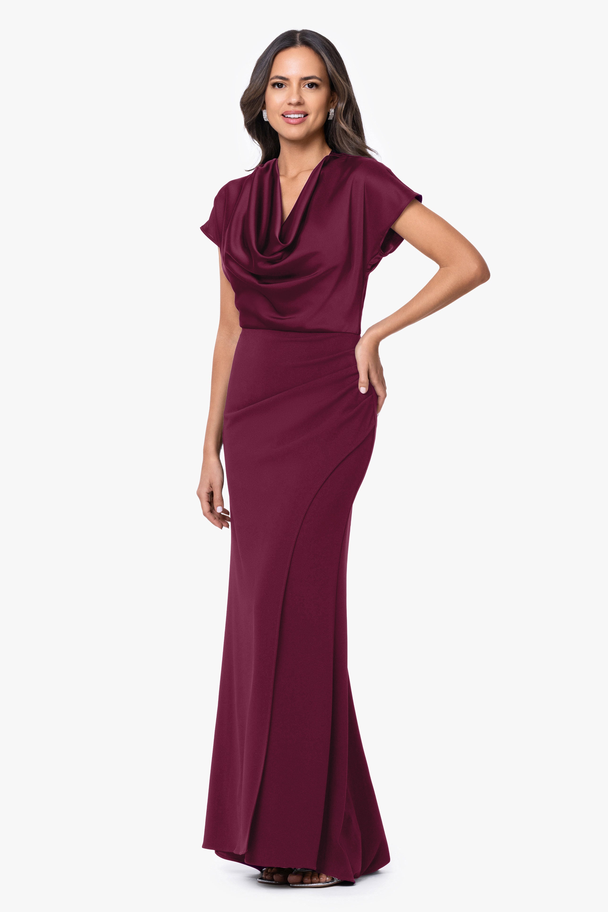 Petite "Rinna" Scuba Crepe & Satin Cowl Neck Dress