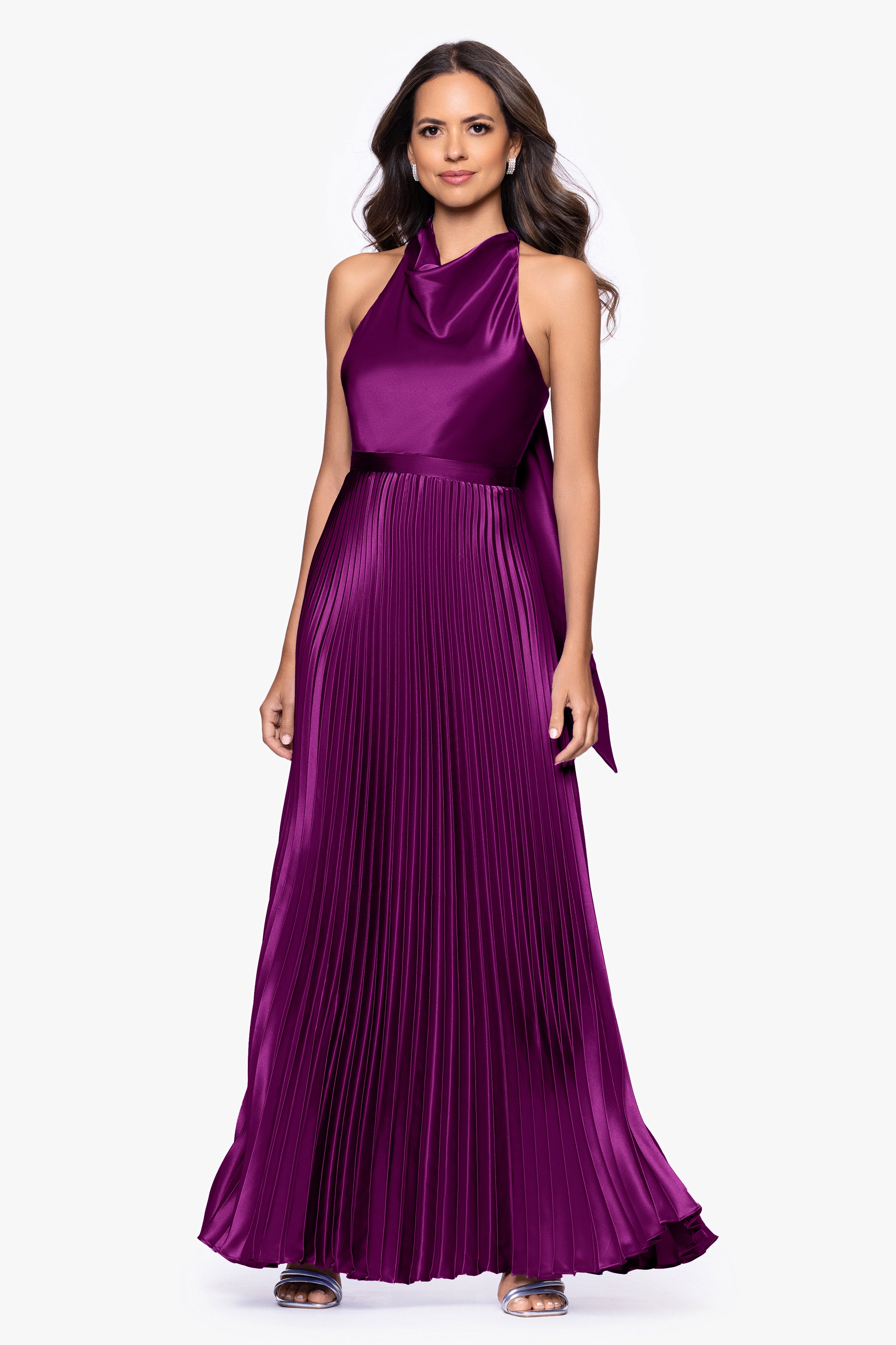"Claire" Satin Tie Neck Pleated Skirt Floor Length Dress