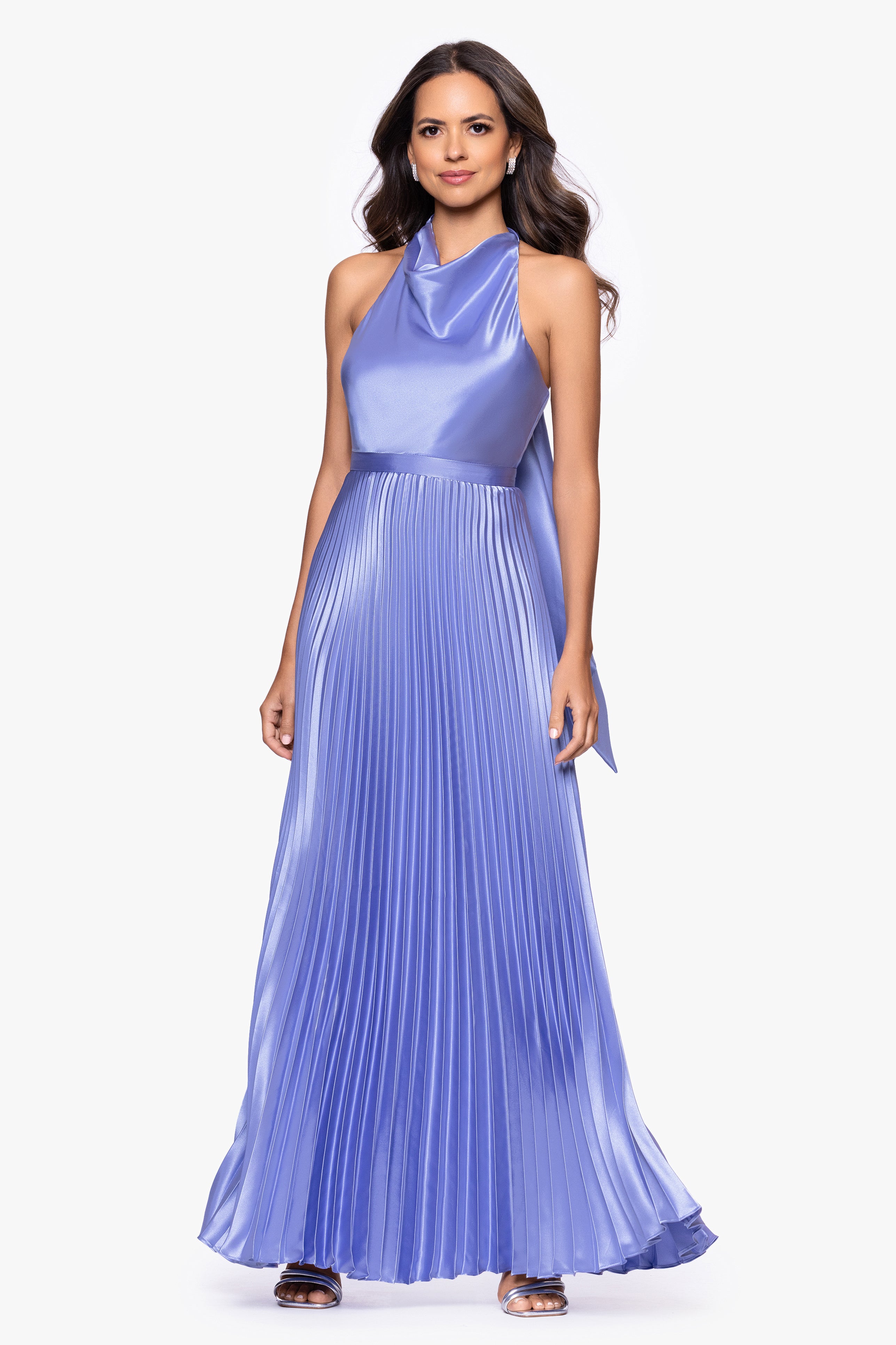 "Claire" Satin Tie Neck Pleated Skirt Floor Length Dress