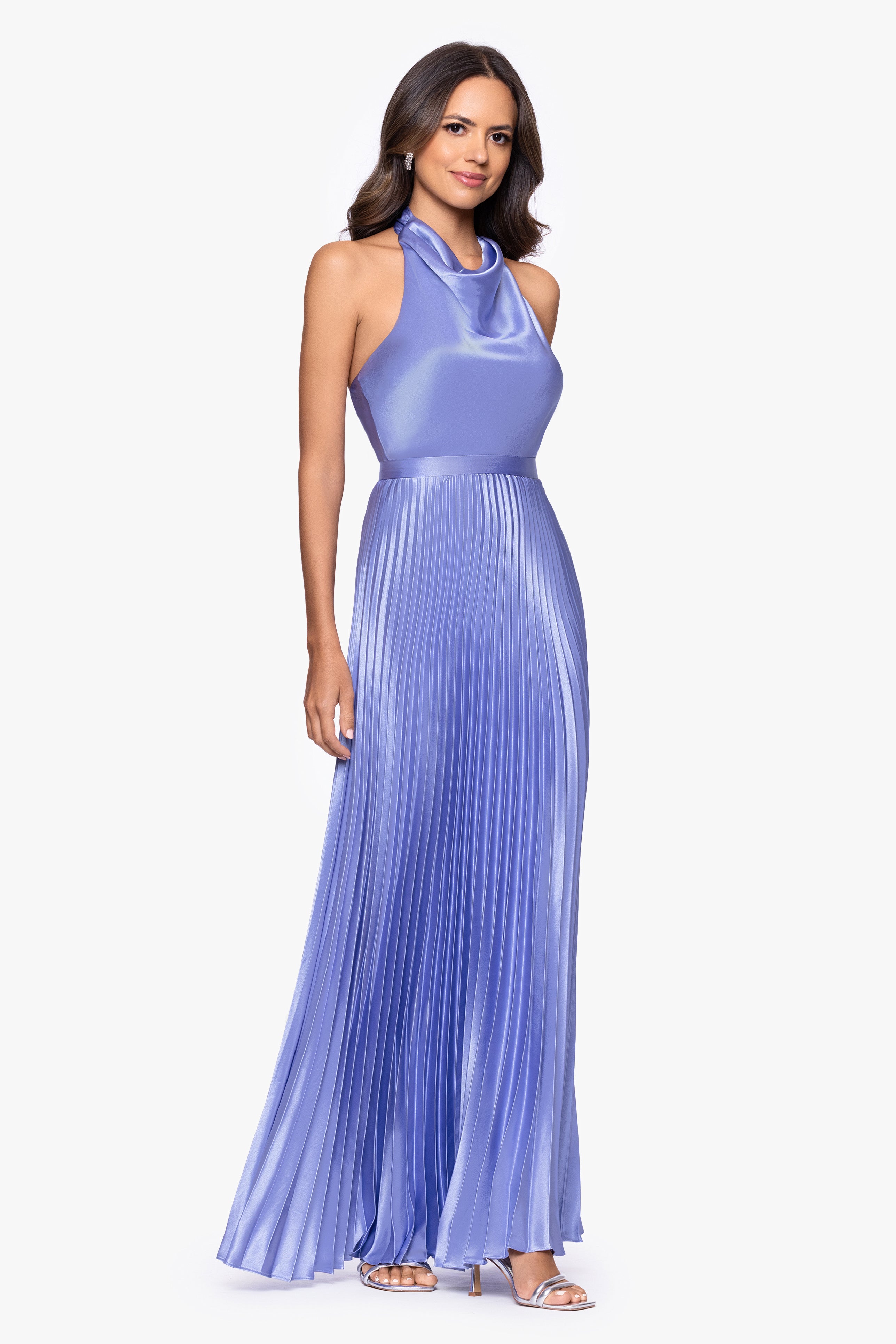 "Claire" Satin Tie Neck Pleated Skirt Floor Length Dress
