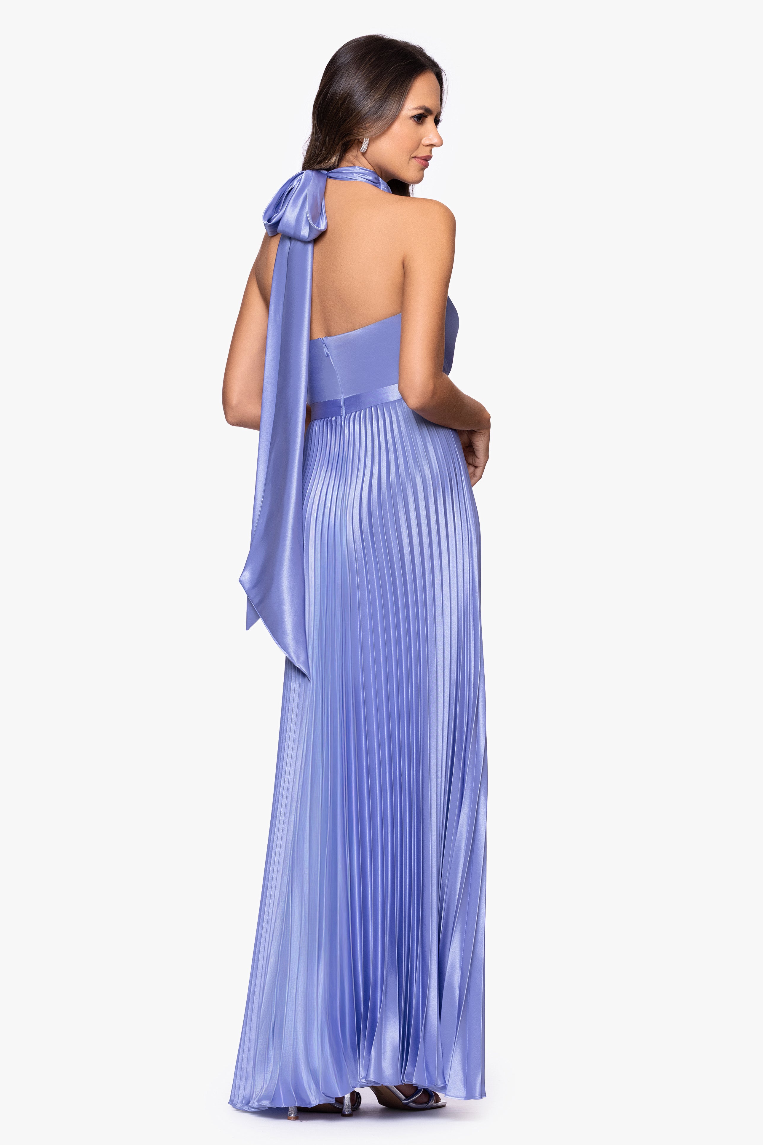 "Claire" Satin Tie Neck Pleated Skirt Floor Length Dress