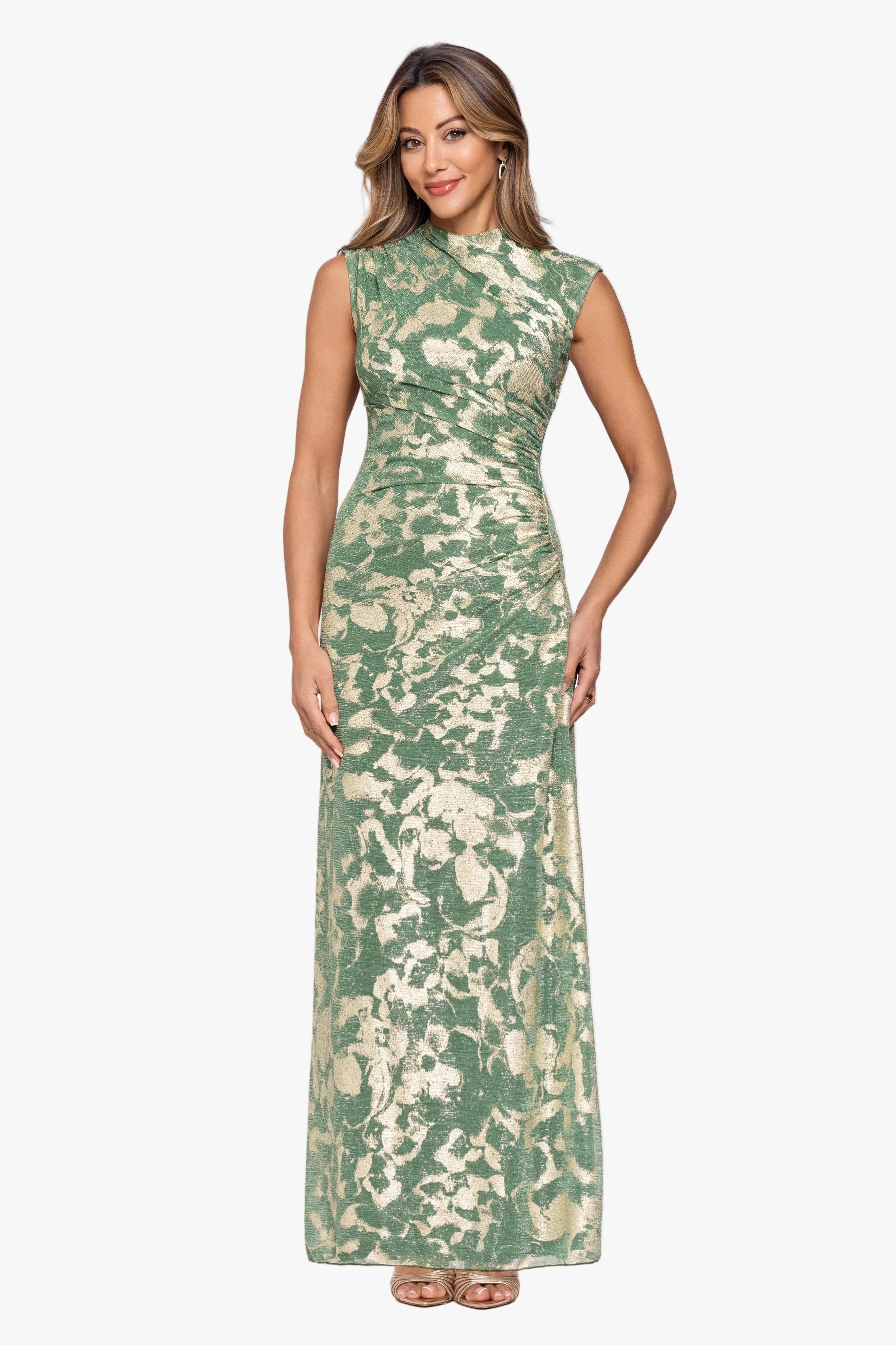 Petite "Cory" Metallic Print Ruched Dress
