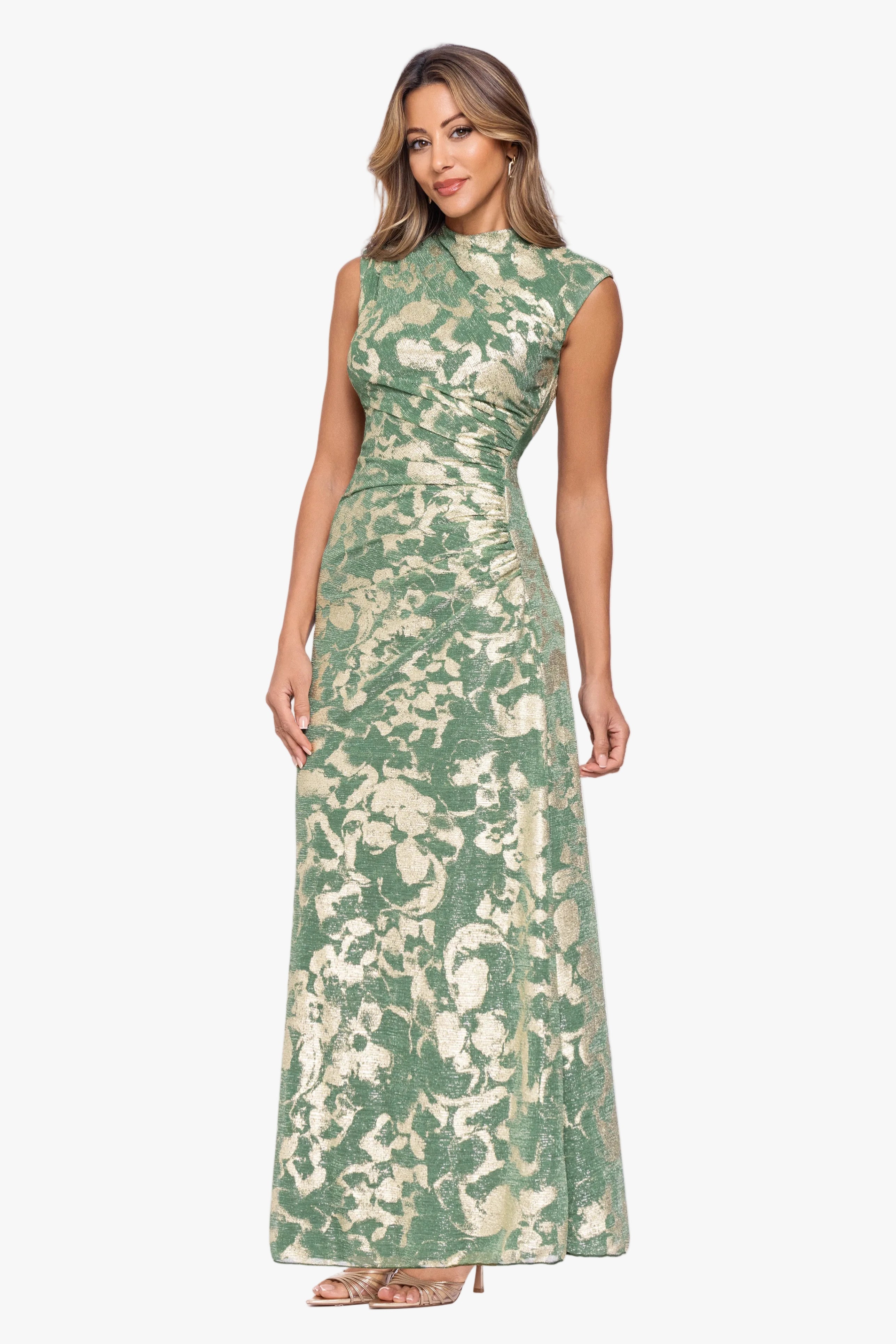 Petite "Cory" Metallic Print Ruched Dress