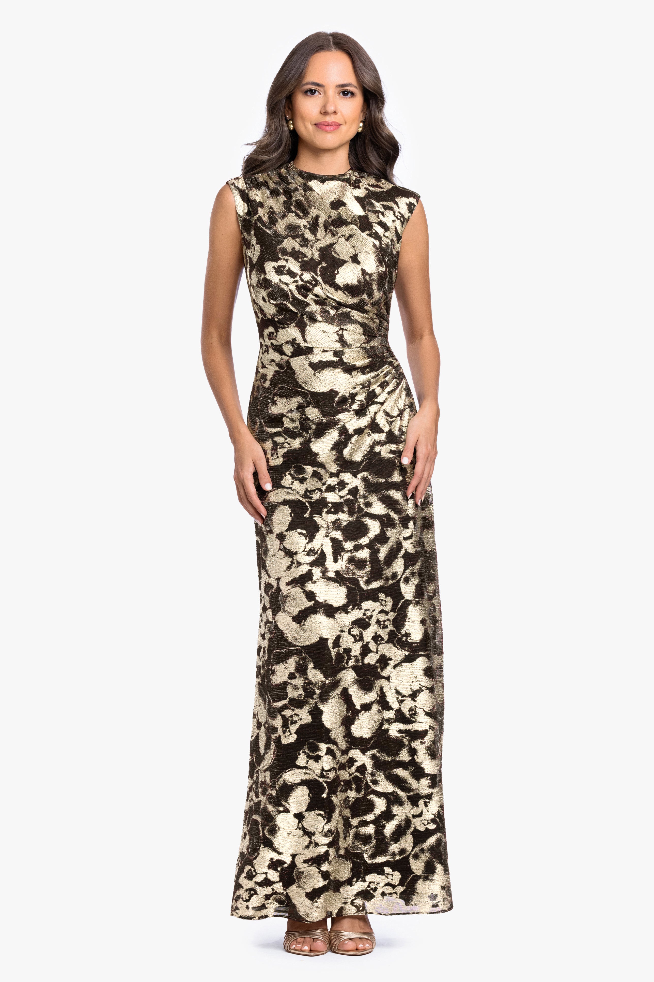 Petite "Cory" Metallic Print Ruched Dress
